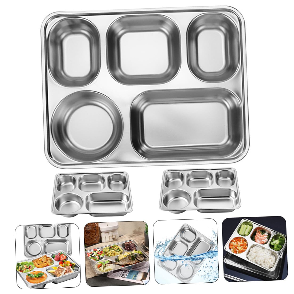 Plateau Divisé en Acier Inoxydable 3 Pièces, Assiette Compartimentée Rectangulaire Grosse Capacité, Métal Solide, Empilable, pour Adultes, Repas Quotidiens, École, Camping