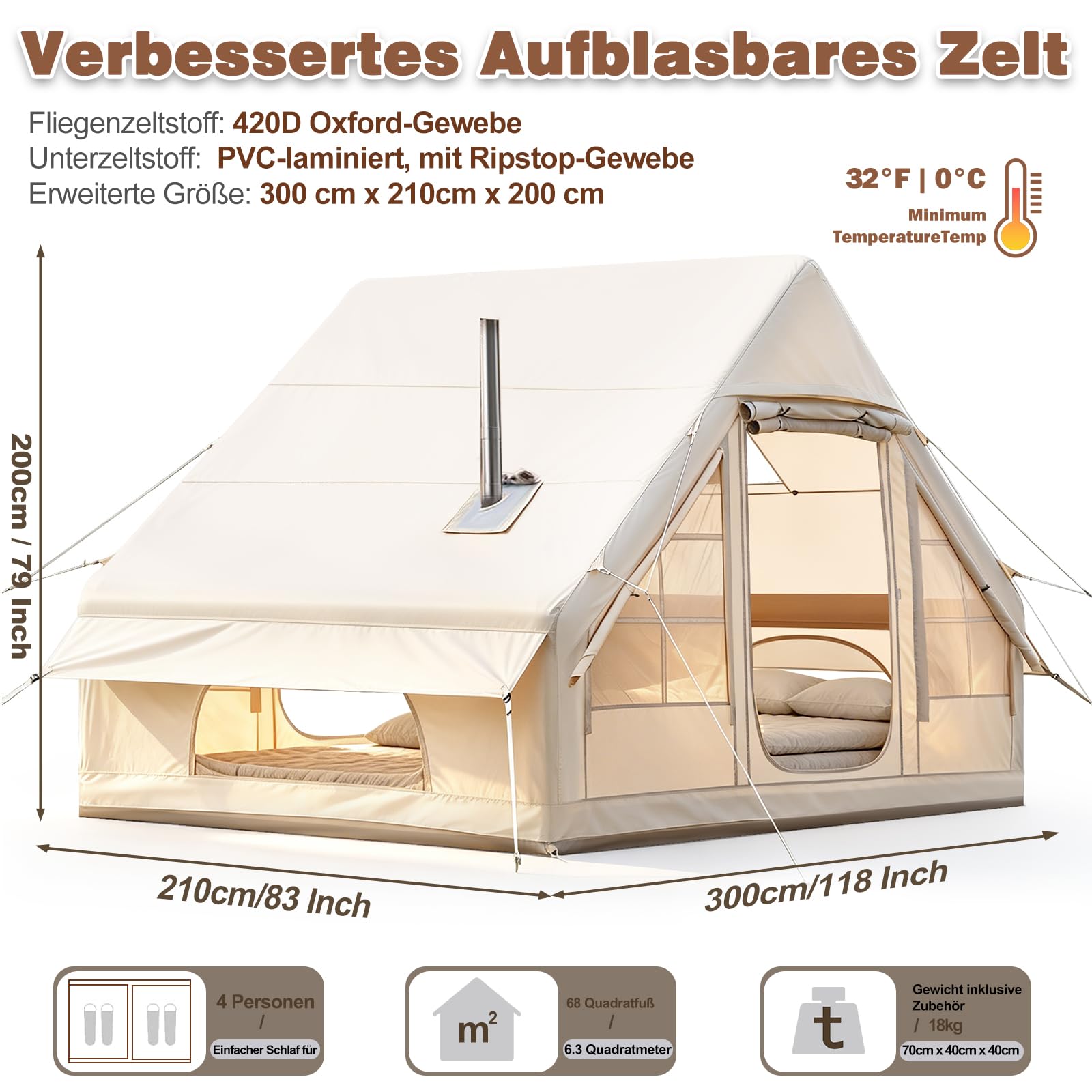 Aufblasbares Campingzelt für 2-8 Personen - 4-Jahreszeiten-Zelt aus wasserdichtem Oxford-Gewebe mit Luftpumpe, schnell aufbaubarer Unterschlupf