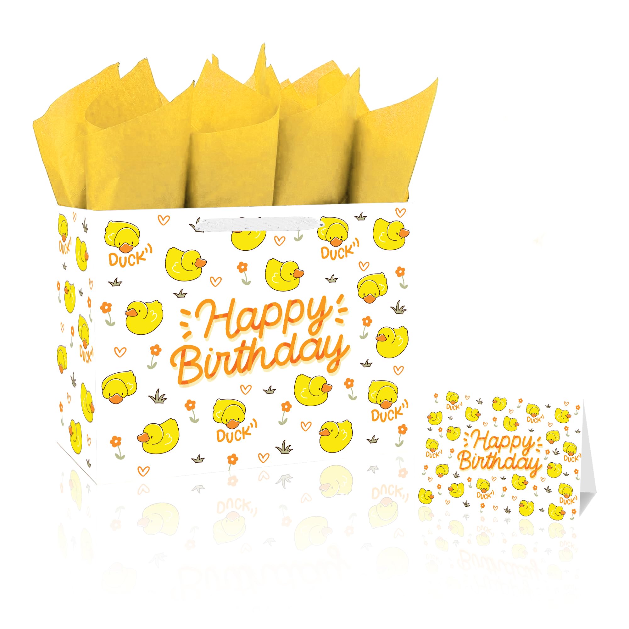 BATYONGOGA Large 13" Duck Birthday Gift Bag with Handles, Greeting Card, and Tissue Papers Goose Farm Animals themed for Kids Birthday Party, Boys,