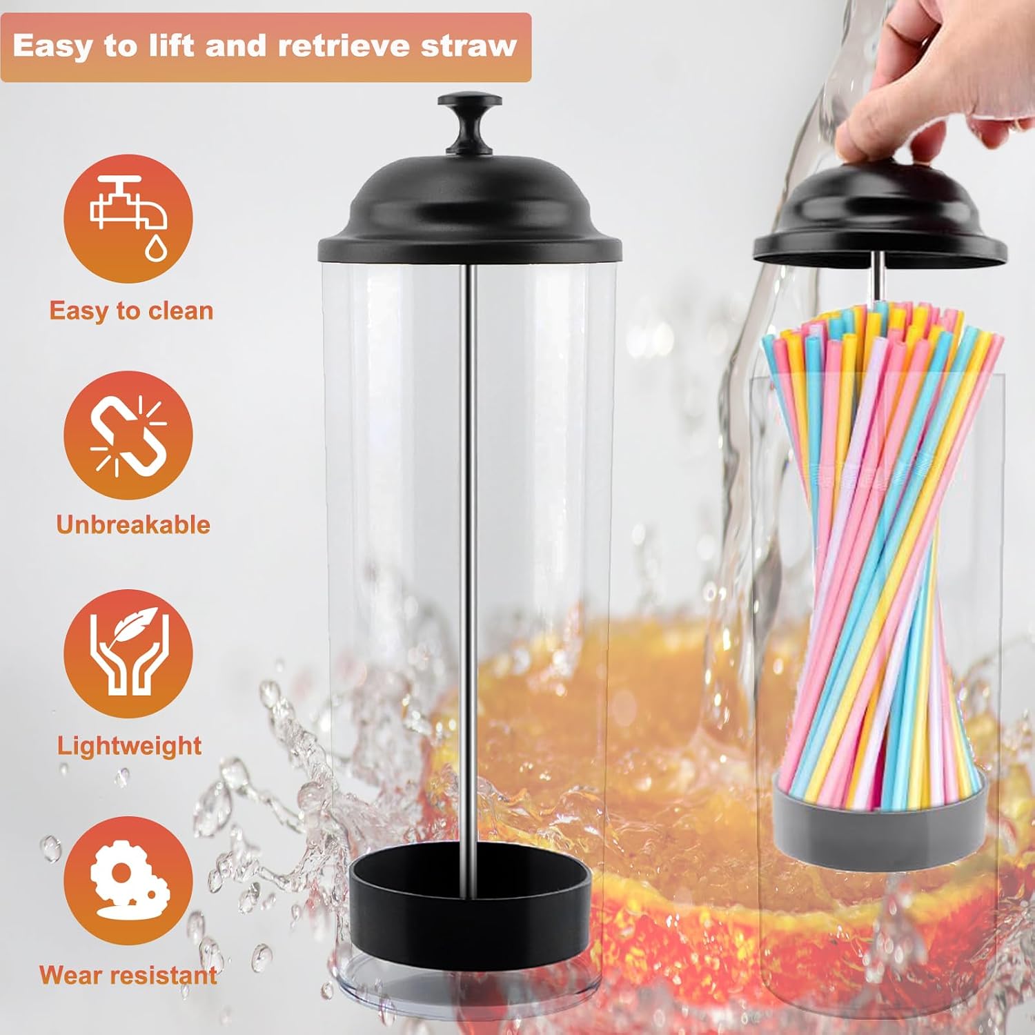 Straw Dispenser with Stainless Steel Lid, Plastic Straw Holder for Counter, Drinking Straws Container for Kitchen, Bar, Store, Restaurant, Holds Straws up to 8.5 Inches