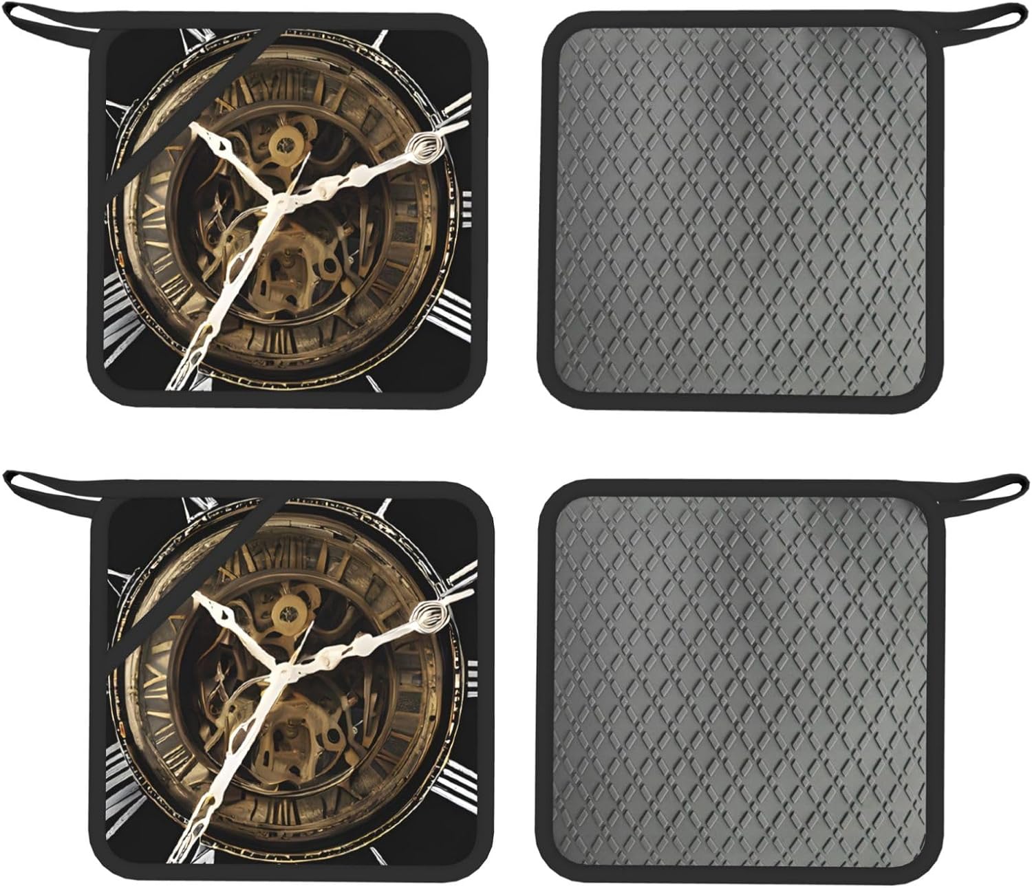 Clock Gear Oven Mitts and Pot Holders Set of 4 Heat Resistant Kitchen Gloves with Silicone Palm Hot Pads for Baking Cooking Grilling BBQ