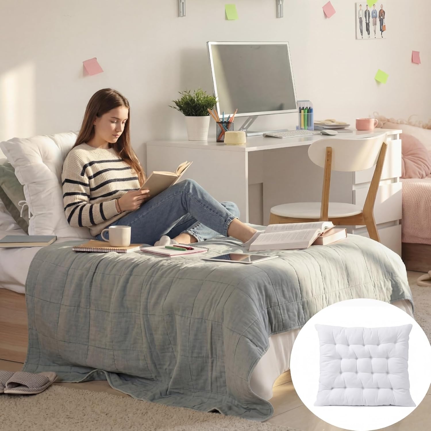 Threehoney Extra Large Plush Tufted College Headboard Dorm Bed Headboard Pillow 39.4 x 35.4 x 3.2 Inches Support Reading Backrest Back Freshman College Dorm Room Supplies (White)