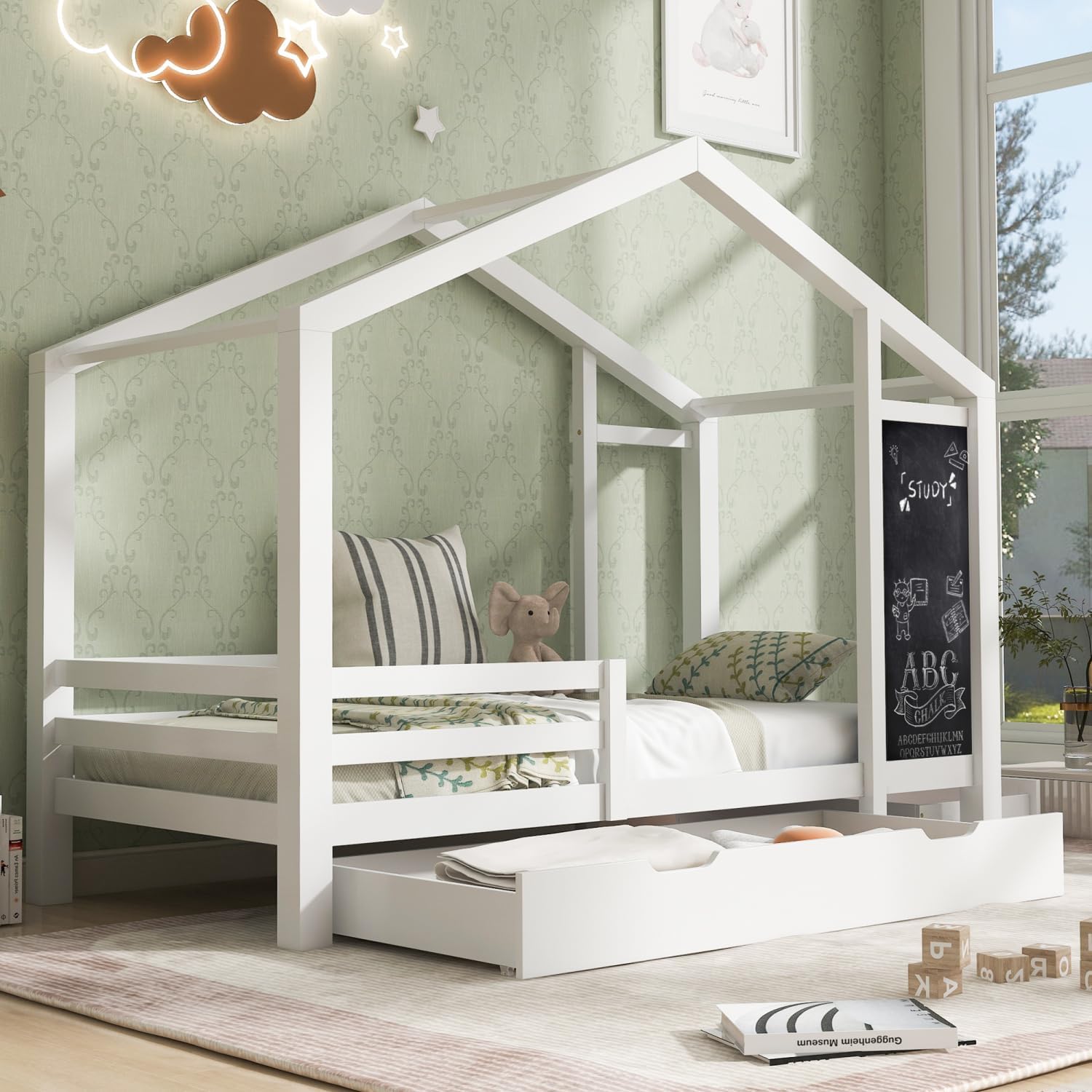 Twin House Bed with Blackboard and Drawers, Two Assembly Options, White White Combining Practicality and Creativity Child's Bedroom Family-Friendly