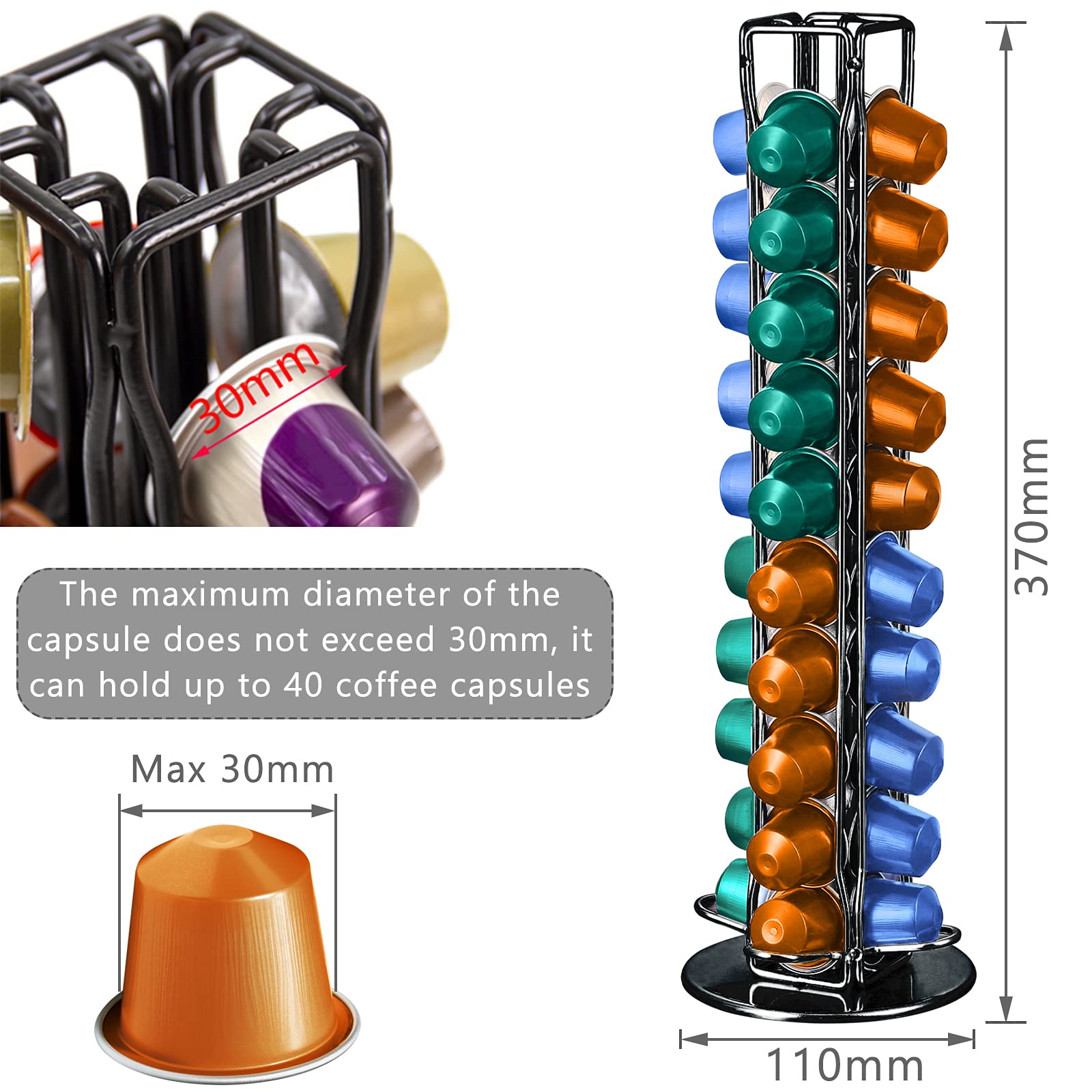 Frasheng Soportes para Cápsulas de Café,Puede Contener 40 cápsulas,360 Grados Giratorio,La base de fieltro y antiarañazos protege,Hecho de metal,Negro