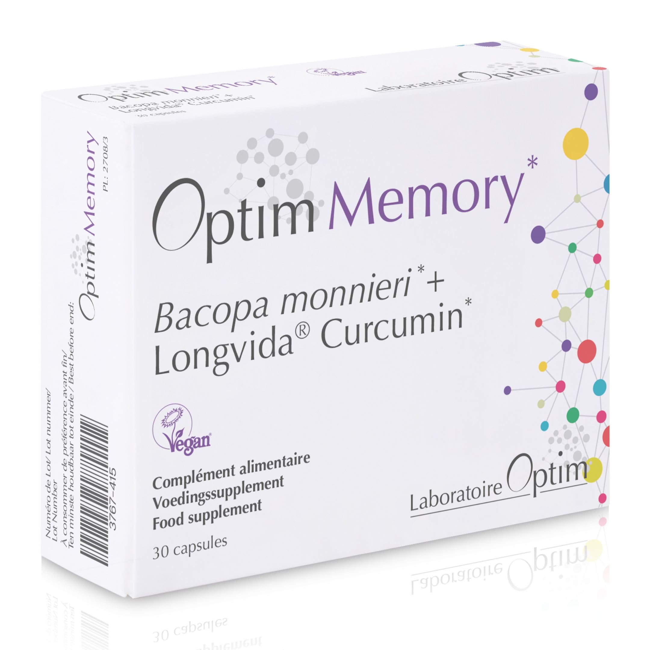 OPTIM Memory Bacopa Monnieri Brahmi et Curcumine Longvida 30 Gélules | Capsules concentration mémoire pour adulte adolescent ou étudiant, Complément alimentaire