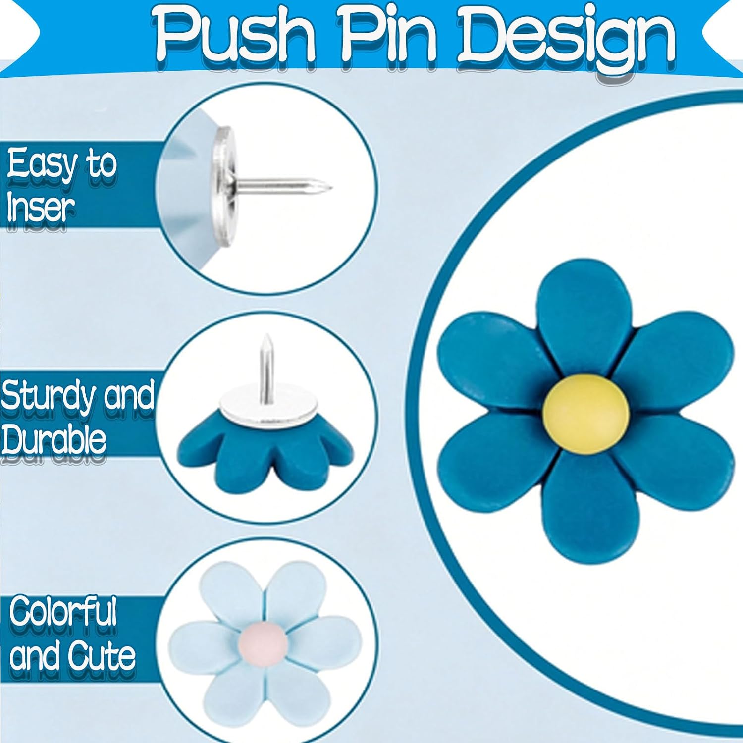 50 Pcs Flower Push Pins Cute Decorative Colorful Floral Thumb Tacks,Flower Decorative Pins and Tacks,Cork Board Thumbtacks for Bulletin Board Office Hanging Photo Poster Feature Wall (Blue +White) image 3