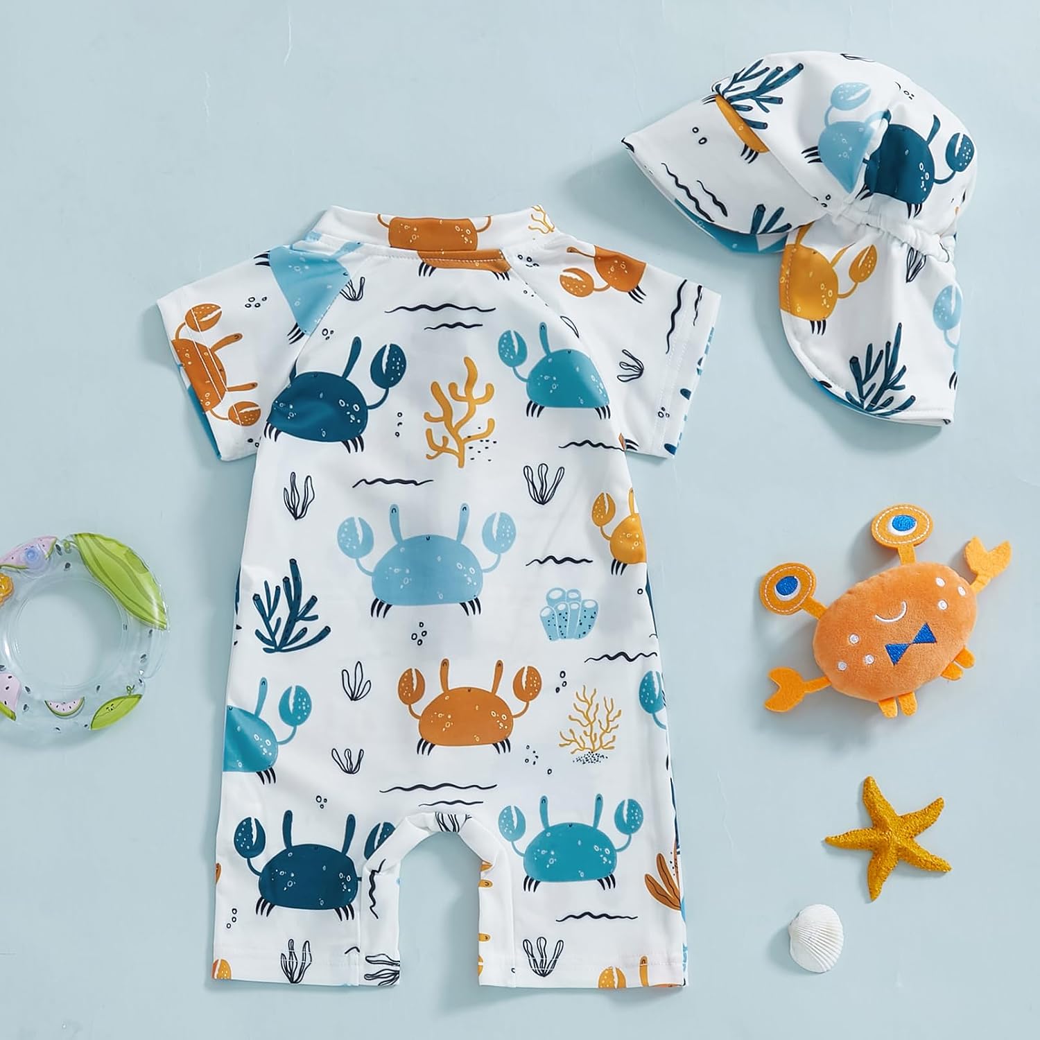 Ayalinggo Toddler Boys Rash Guard Swimsuit Sea World Animal Print Zipper Short Sleeve Bathing Suit with Swim Cap for Kids