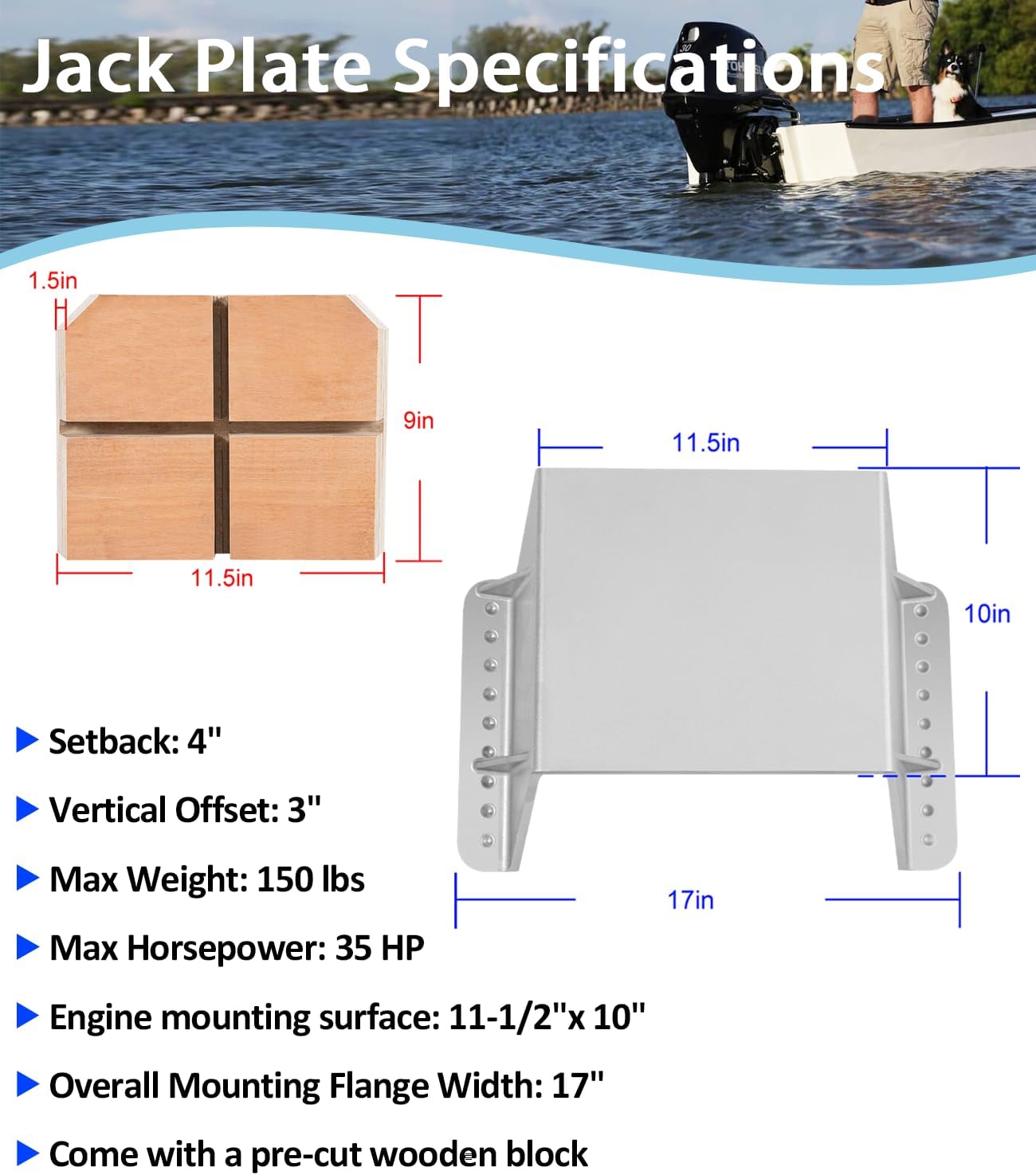 MJ-1-DP 4'' Setback Small Engine Jack Plates Replacement for Outboard Motors Up to 35HP - Manual Add Distance Between Engine and Transom - Marine Grade Mounting Block