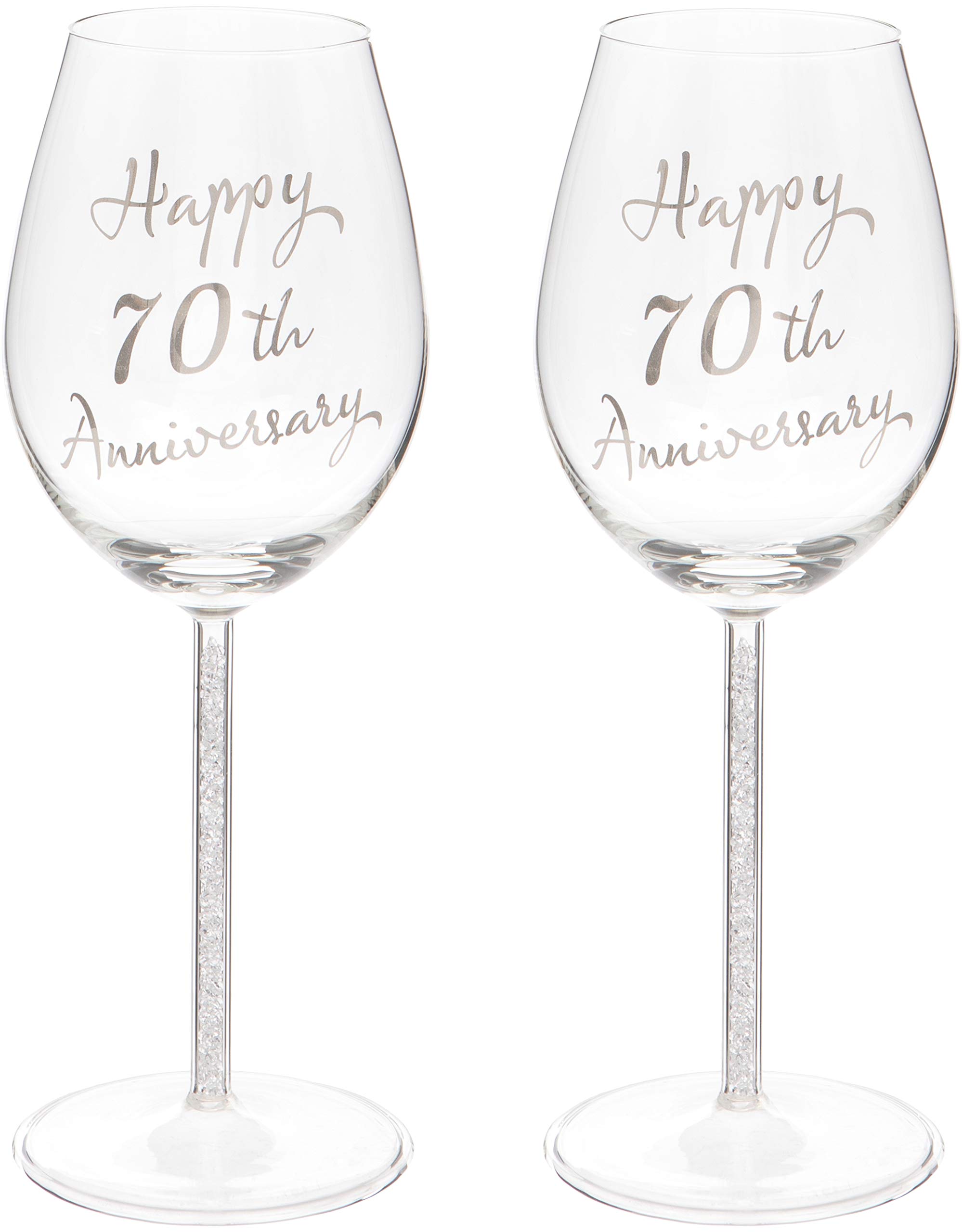 Maturi Silver Set Of Two 70Th Platinum Wedding Anniversary Wine Glasses With Diamante Stem - 400Ml / 13.5 Fluid Ounces