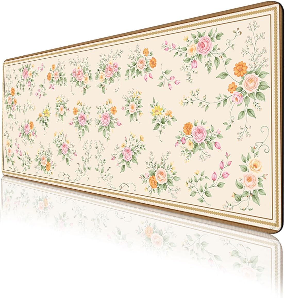 Floral Mouse Pad, Vintage Rose Bouquet Gaming Desk Mat Extended Laptop Keyboard Non-Slip Rubber Base with Stitched Edges for Home, 31.5x11.8in Desk Home Office Gaming