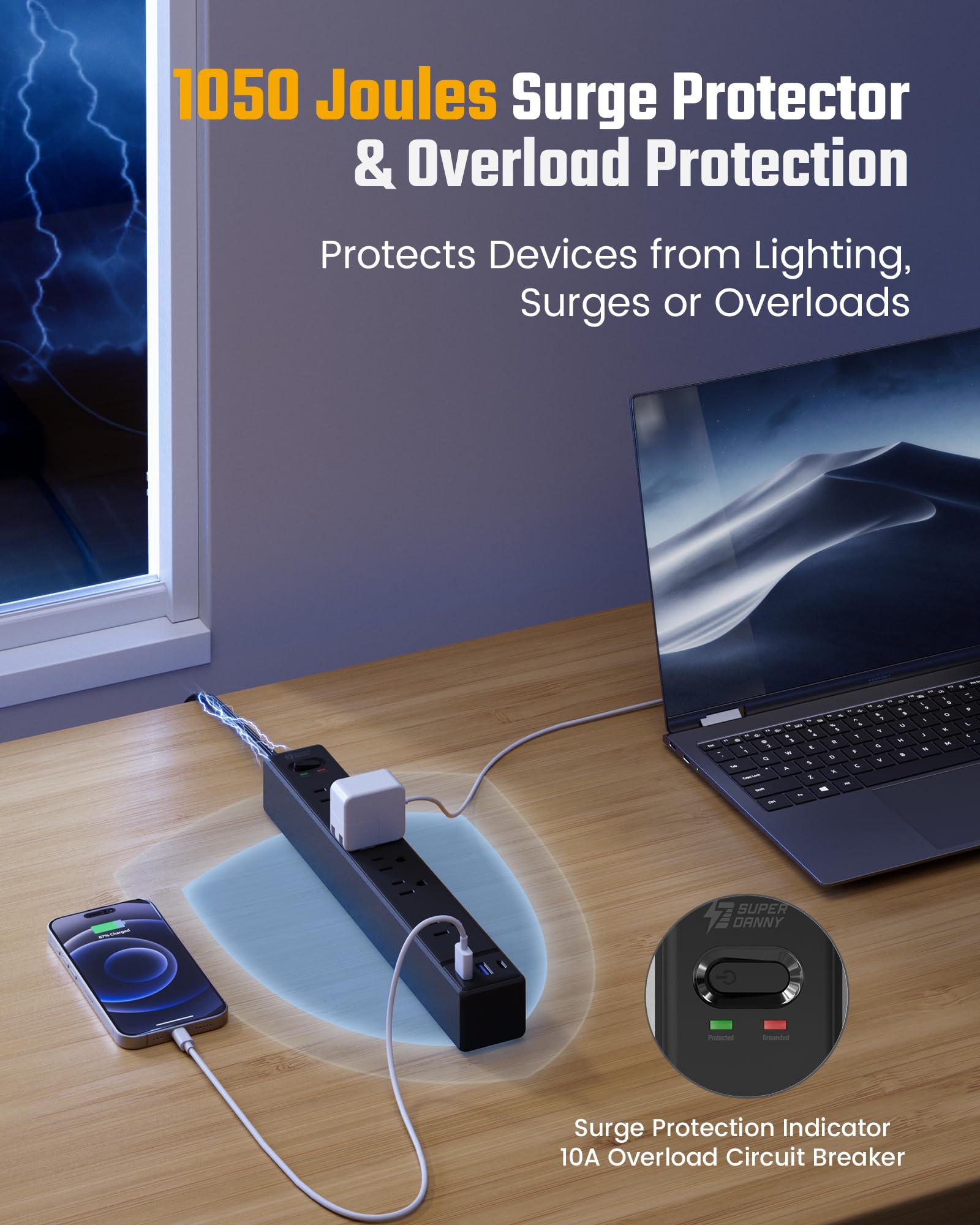 SUPERDANNY - Cable alargador de 3 m con múltiples tomas de corriente, enchufe plano, protección contra sobretensiones con 3 puertos USB y 6 enchufes, cable de 3 m, base de carga negra para