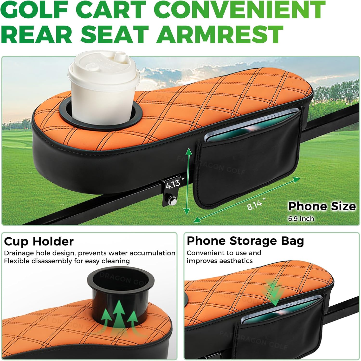 Panglong Golf Cart Armrest with Cup Holder and Phone Storage Pouch-Black or Brown, Fit Club Car EZGO Yamaha Rear Seat 1-Inch Square Tube
