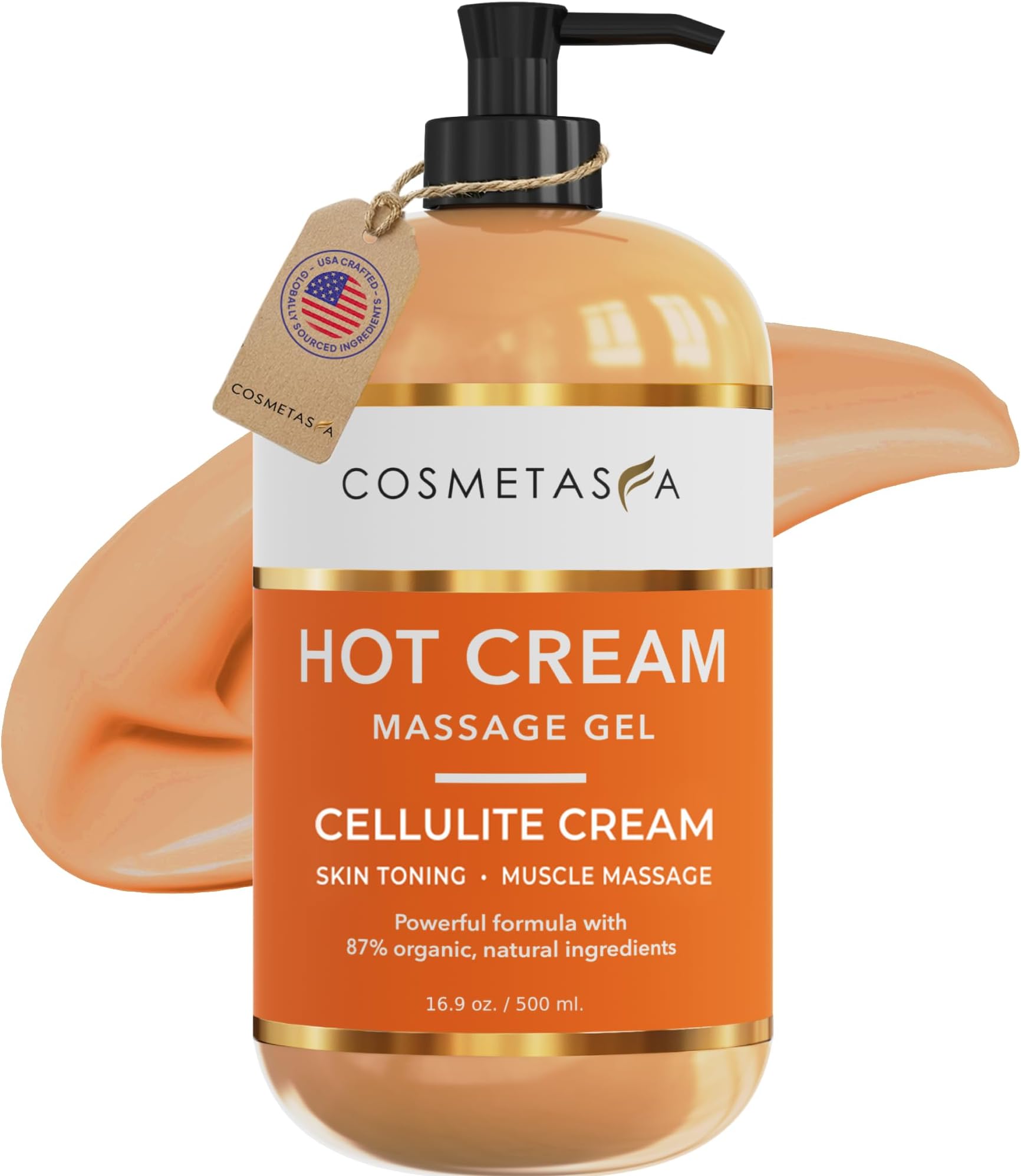 Cosmetasa Cellulite Hot Cream- 87% Organic Cellulite Cream - Natural Sweat Massage Gel for Stomach, Abdomen, Belly, Sore Joints, Muscles, Workout (16.9 oz)