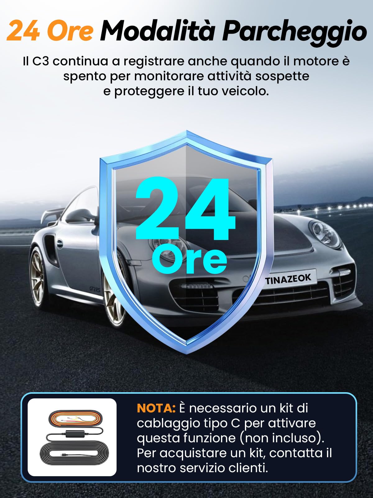 C3 Dash Cam Auto 4K+1080P, Telecamera Anteriore e Posteriore, Dashcam Auto con SD 64GB, Wi-Fi 5GHz Controllo tramite App, Visione Notturna, Parcheggio 24H, Sensore G, WDR, 170° Grandangolo
