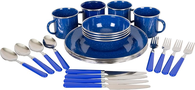 Deluxe 24-Piece Enamel Tableware Set - Enamel Plates and Bowls Lightweight and Durable Camp Dish Set for Camping and Backpacking Plates and Bowls for 4 People