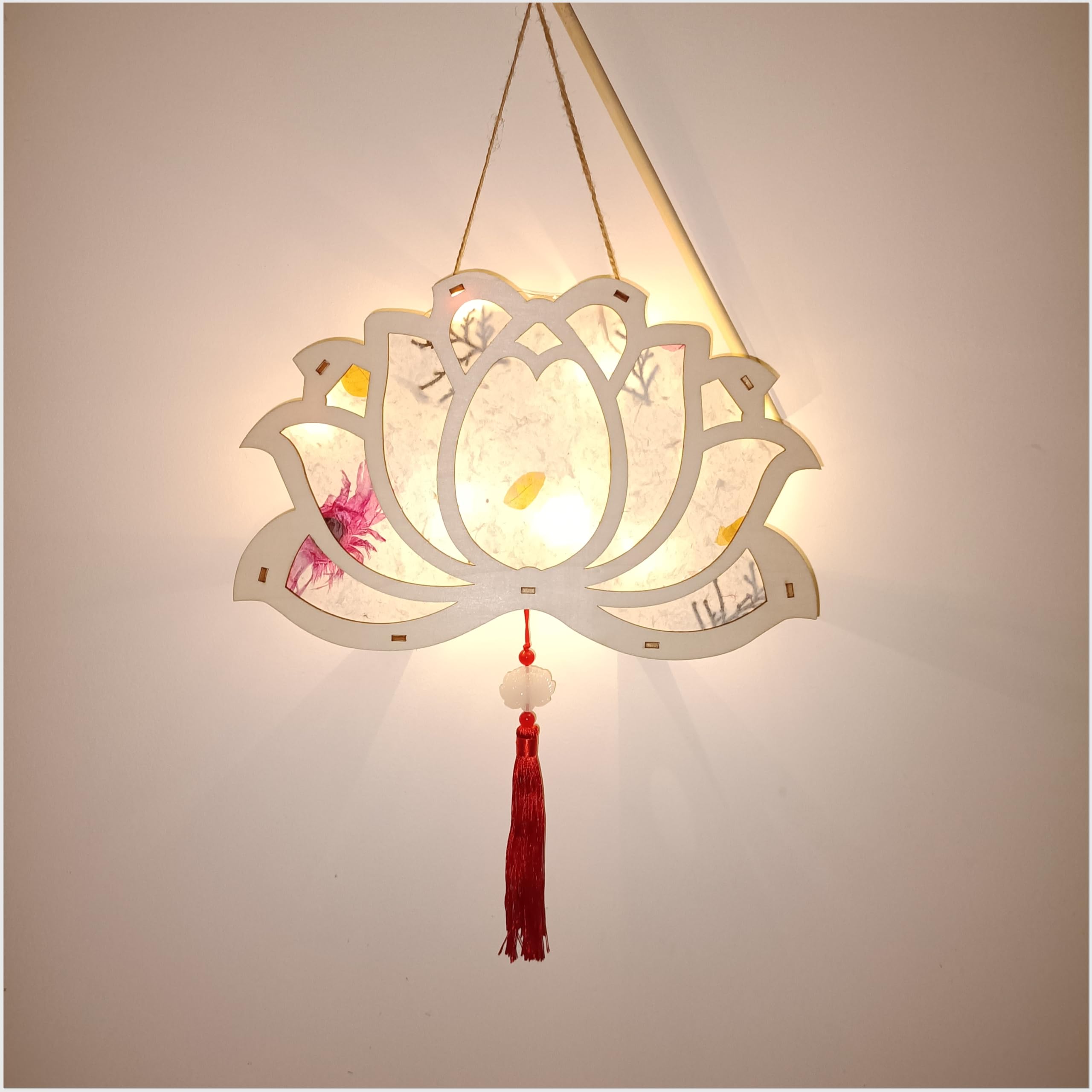 DIY Chinese Paper Lanterns,Natural Wood&Floral Paper,Easy to Assemble,Hanging White Paper Lanterns,White Party Decorations,Great Gifts for Handicraft Enthusiasts? Led Light? (Lotus)