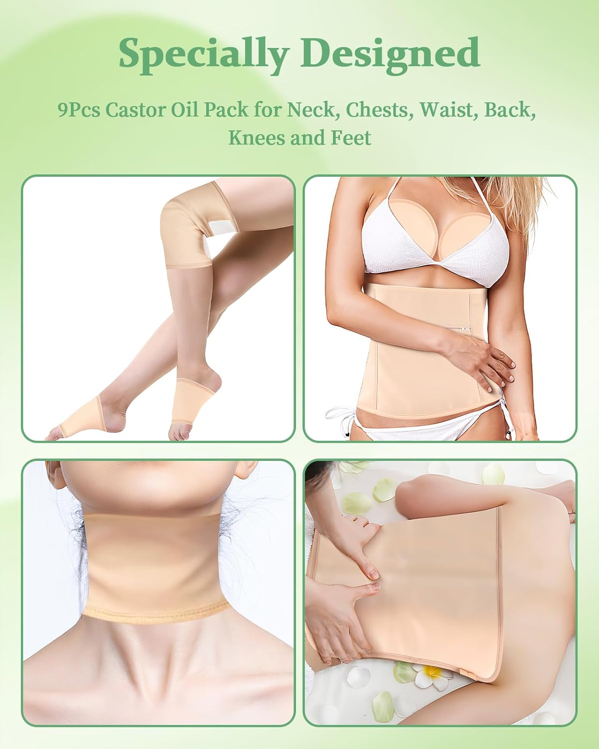 Castor Oil Pack Wrap, 9 Pcs Reusable Organic Castor Oil Pack Kit for Neck Chest Waist Back Knee and Feet, Adjustable Elastic Straps Castor Oil Compress Pads, Machine Washable Anti Oil Leak