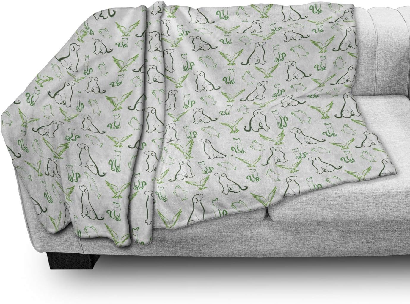 Lunarable Animal Throw Blanket, Pets Pattern with Dog Cat Fish and Bird, Flannel Fleece Accent Piece Soft Couch Cover for Adults, 60" x 80", Fern Green White