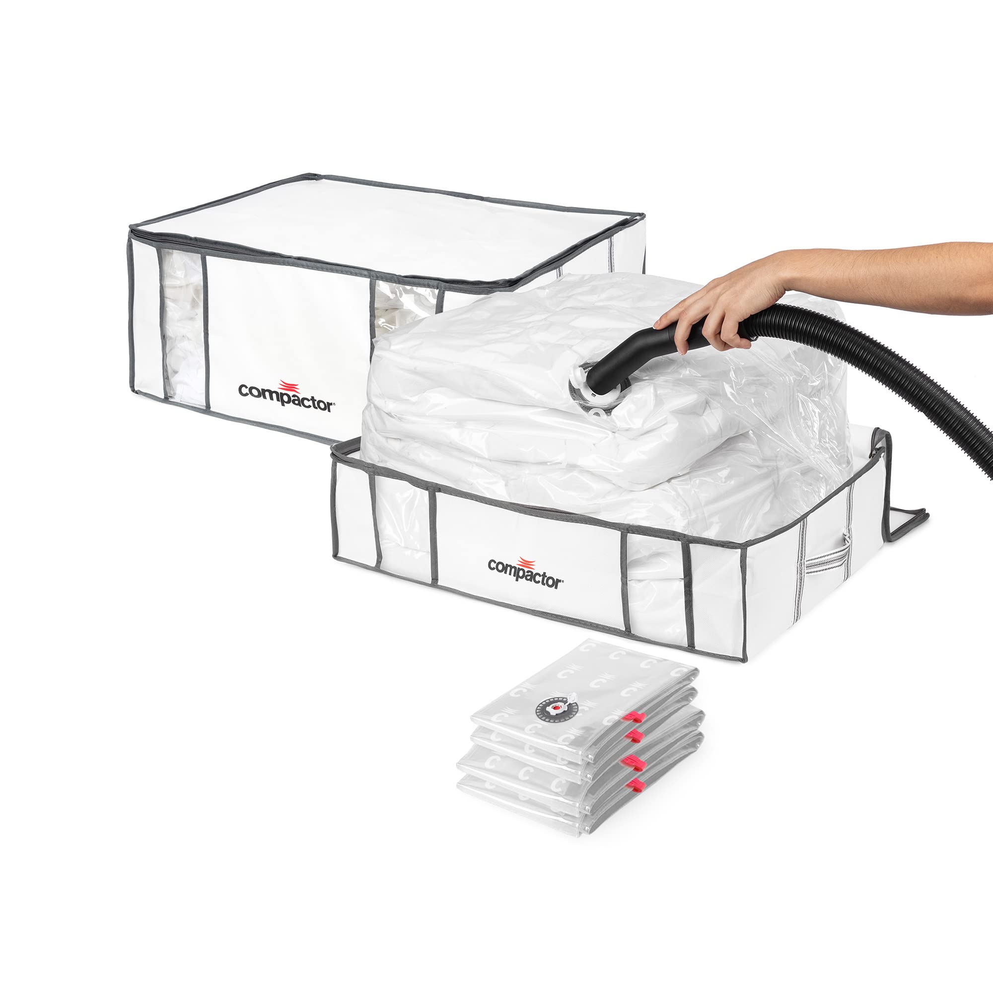 Compactor Set de 2 Bolsas de Almacenamiento al vacío, Semi-rígidas, Transparente, L-145 litros y XXL-210 litros, Blanco con Ribete Gris, 2 Bolsas de compresión a Mano, con aspiradora pequeño, RAN7678
