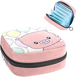 Period Pouch, Portable Tampon Storage Bag for Sanitary Napkins, Cute Pink Pig with Colorful Balloon, Multicolor, 4.7x6.6x6.6 in/12x17x17 cm