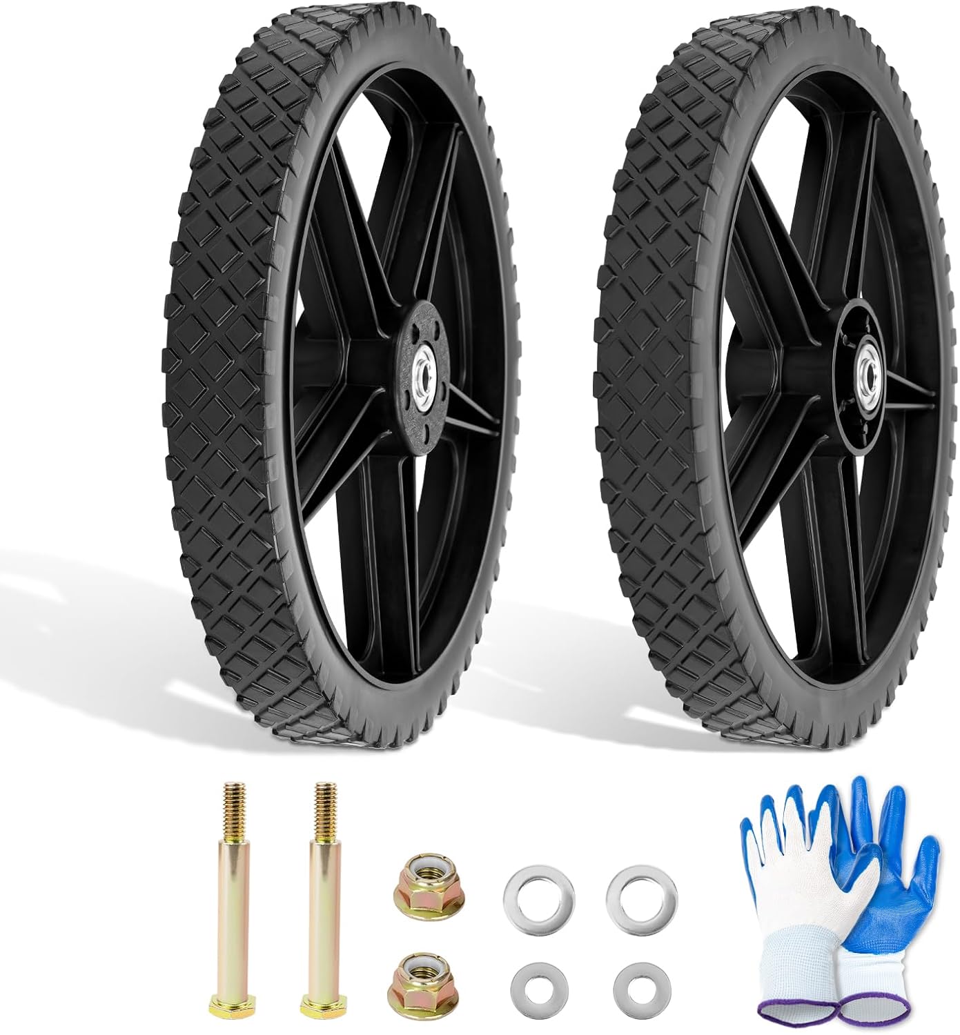14 x 1.75" Spoked Plastic Wheel and Tire Kit Compatible with Old Crafts man Lawn Mowers, Push Mowers, Hand Trucks, Garden Carts, and More – Heavy-Duty Flat-Free Solid Tires, 1/2" Axle Bore, 2 Pack