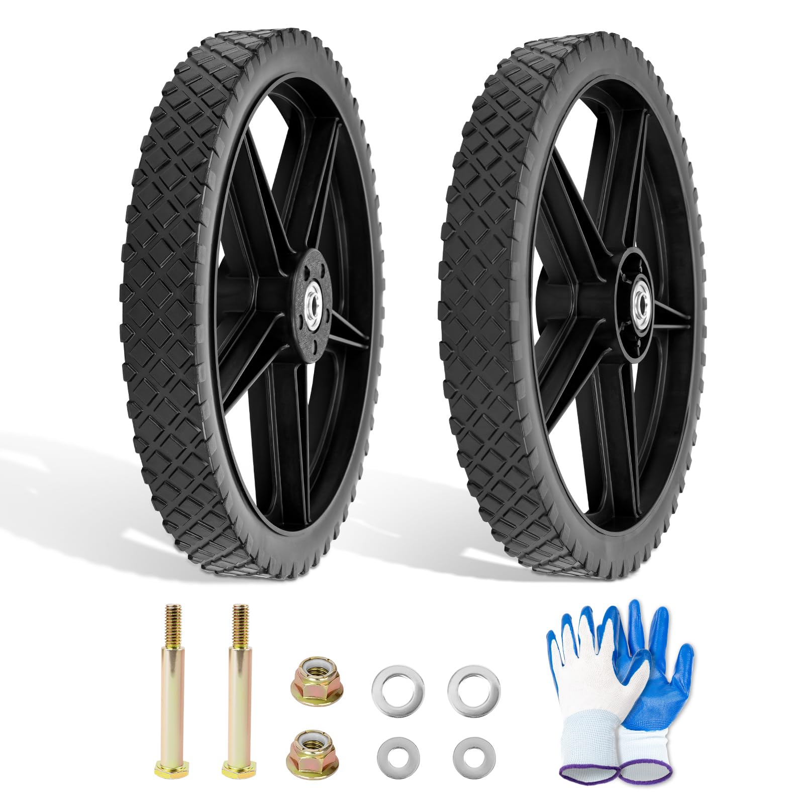 Photo 1 of 14 x 1.75" Spoked Plastic Wheel and Tire Kit Compatible with Old Crafts man Lawn Mowers, Push Mowers, Hand Trucks, Garden Carts, and More – Heavy-Duty Flat-Free Solid Tires, 1/2" Axle Bore, 2 Pack