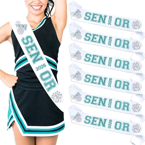 6 Pack Senior 2026 Sash, White Senior 2026 Satin Sashes with Teal and Silver Gli