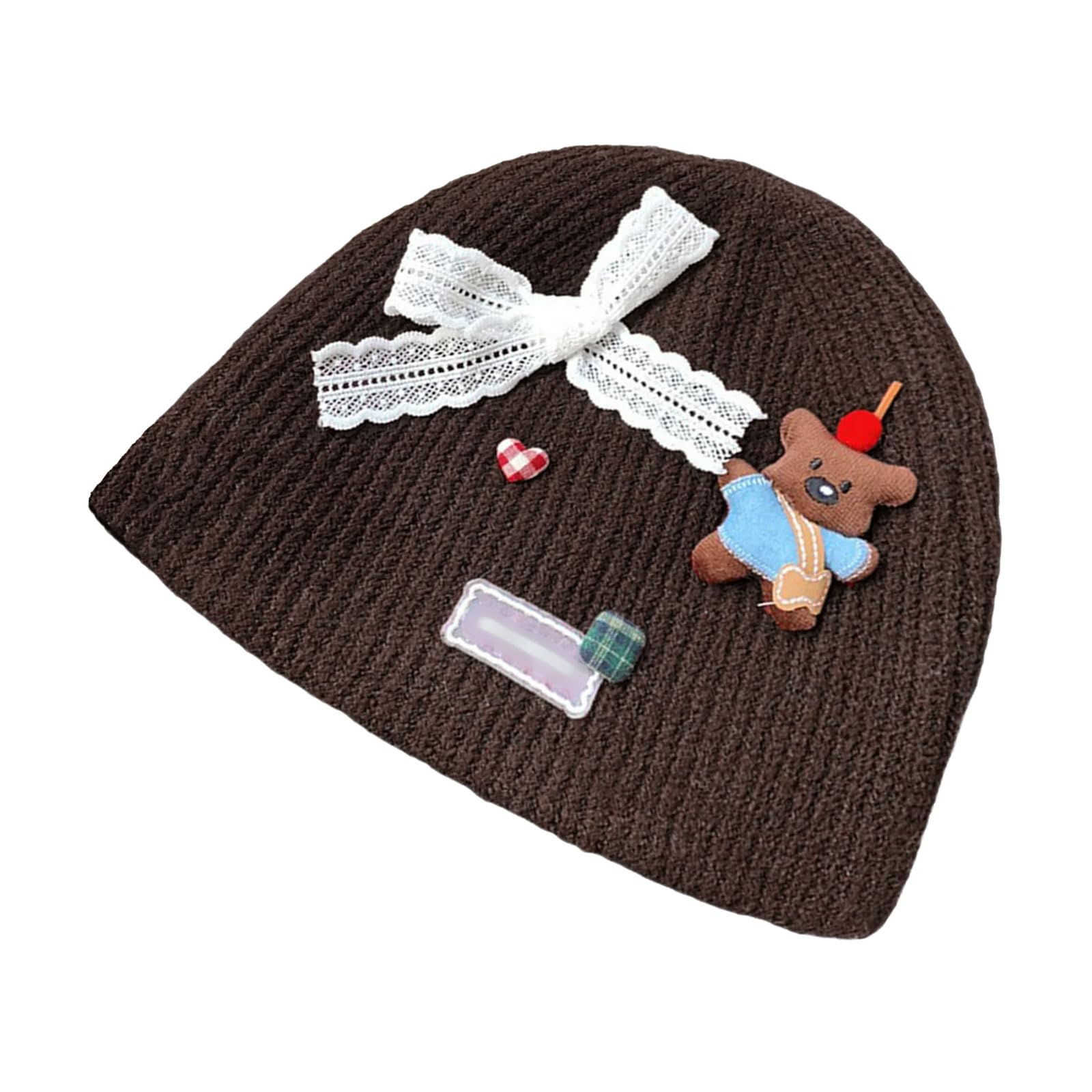 MICFENY Women's Bowknot Knitted Hat Vintage Styles Hats Bear Ears Shape Hat Stylish Headwear for Winter Fashion