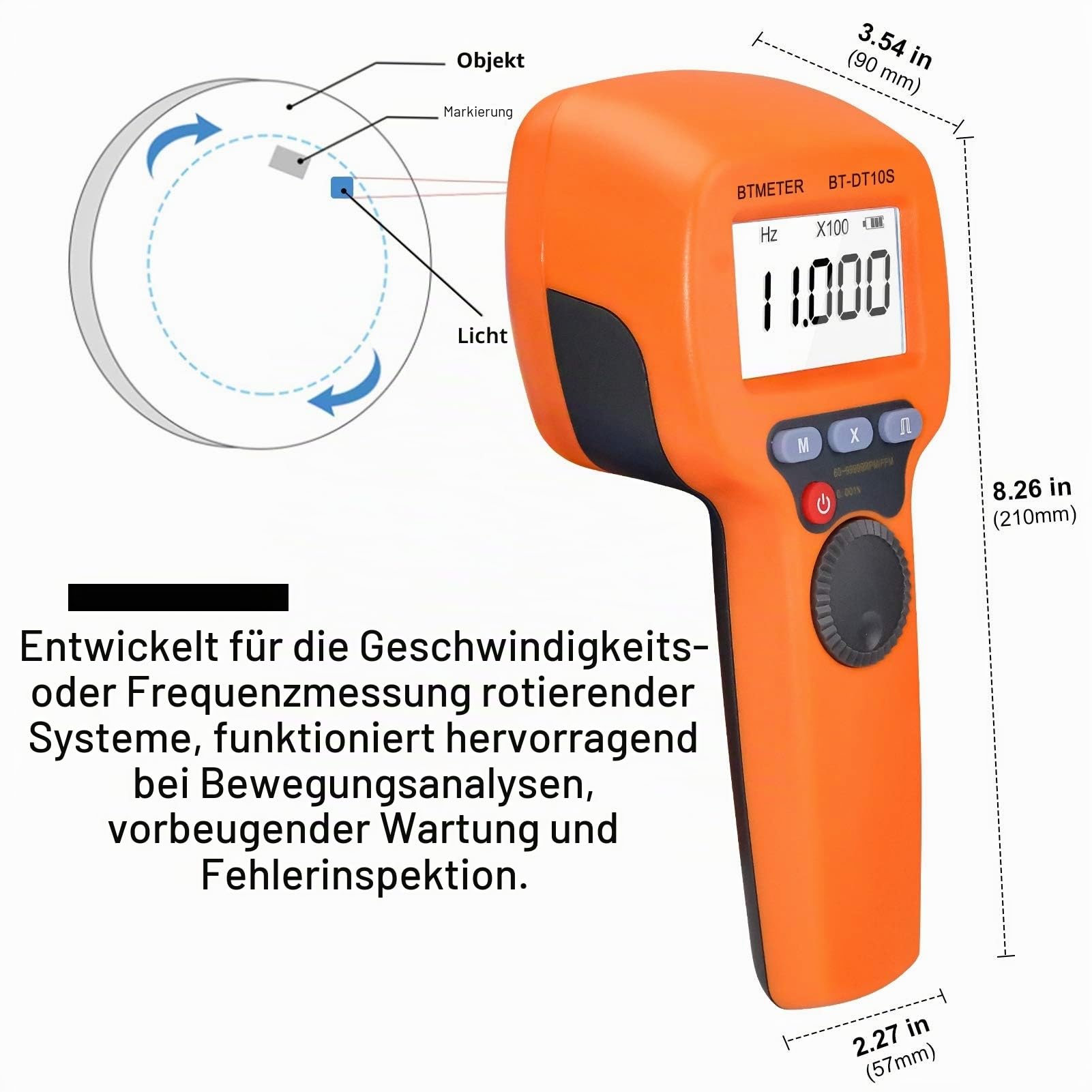 BTMETER Digital Handheld Stroboscope BT-DT10S, LED Flash Strobe Tachometer,60~49999 FPM Speedometer Hz Velocity Tester,Non Contact Rotational Speed Analyzer for Gear Print Spin