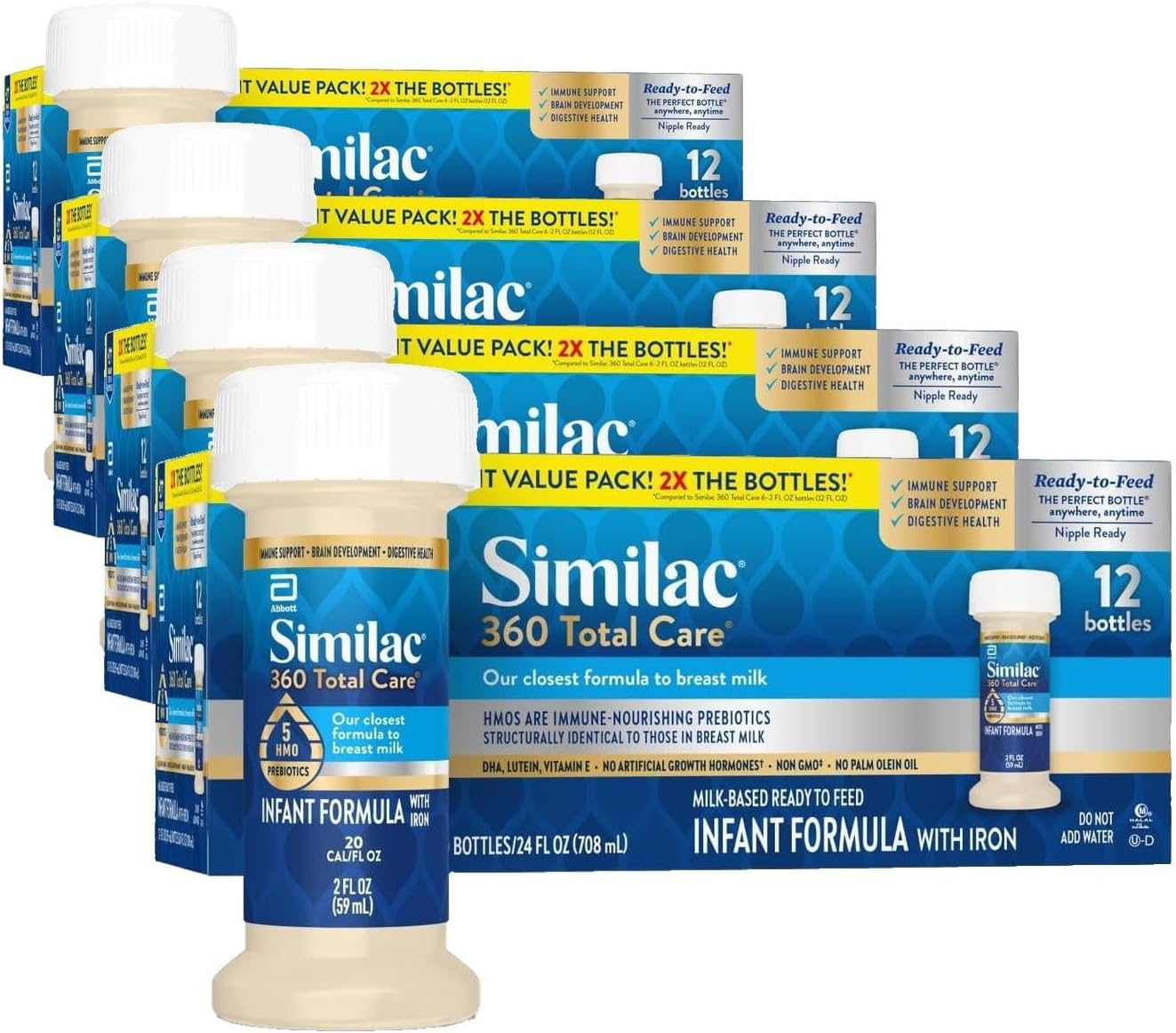 Similac 360 Total Care Infant Formula,Has 5 HMO Prebiotics,Our Closest Prebiotic Blend to Breast Milk,Non-GMO,‡ Baby Formula,Ready to Feed,2-fl-oz Bottle,(Pack of 48)