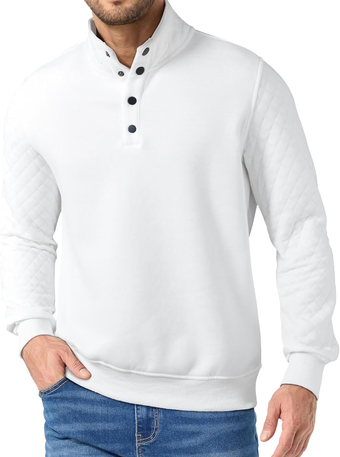 Quilted Sweatshirts for Men Quarter Button Pullover Sweater Casual Mock Neck Thermal Fleece Pullover Sweatshirt - Image 2
