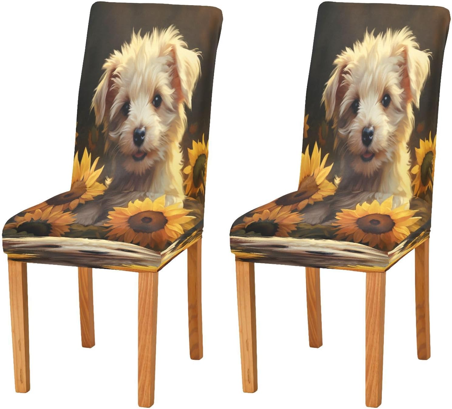 ALAZA Chair Covers for Dining Room, Cute Dog with Sunflowers Stretch Chair Cover Sets Chair Protector for Formal Dining Celebration