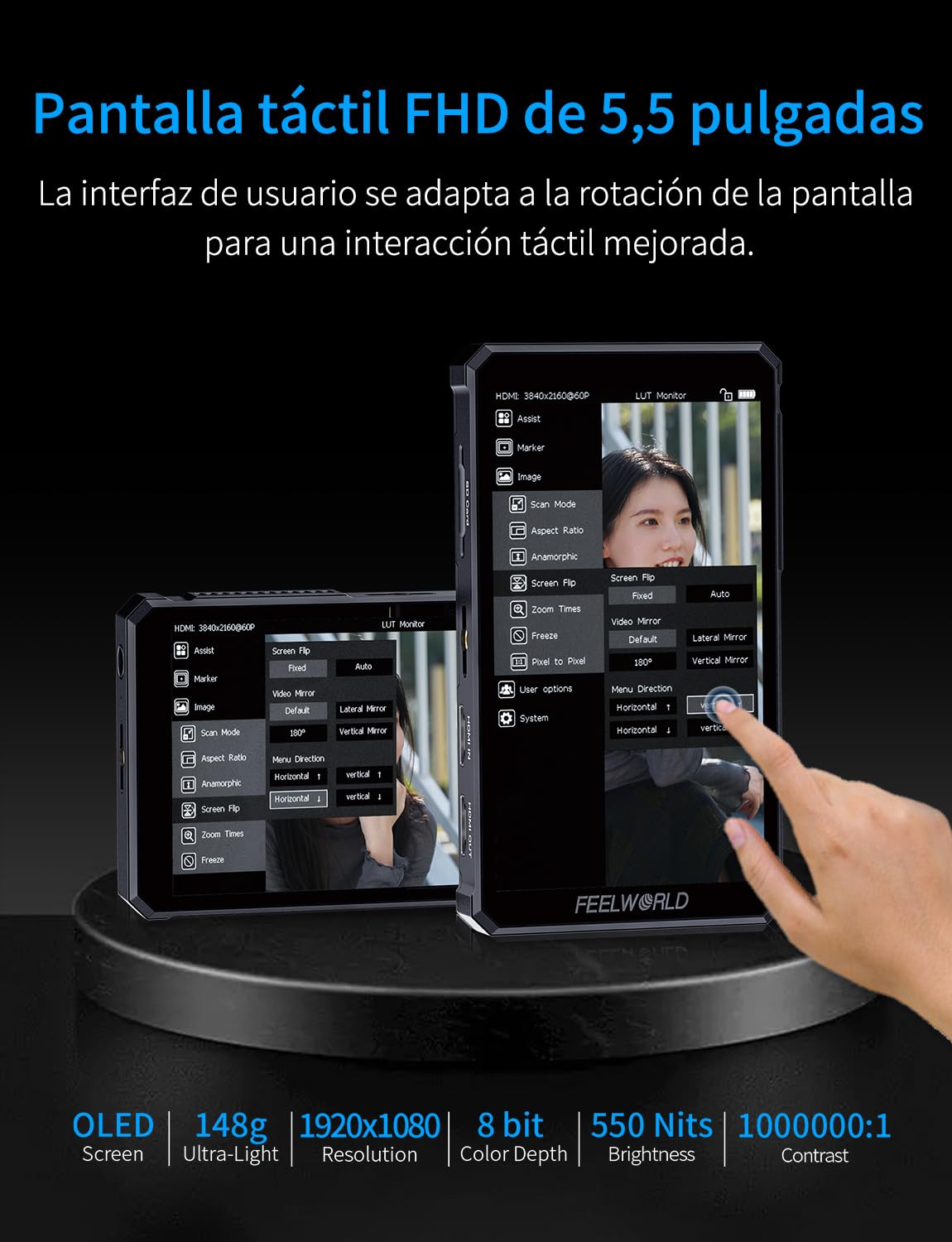 FEELWORLD PS6 Monitor de cámara Vertical y Horizontal OLED de 5,5 Pulgadas con Pantalla táctil de 550nits y 1080p, Entrada y Salida HDMI 4K a 60 Hz, batería F550, Peso Ligero de 148g para videografía