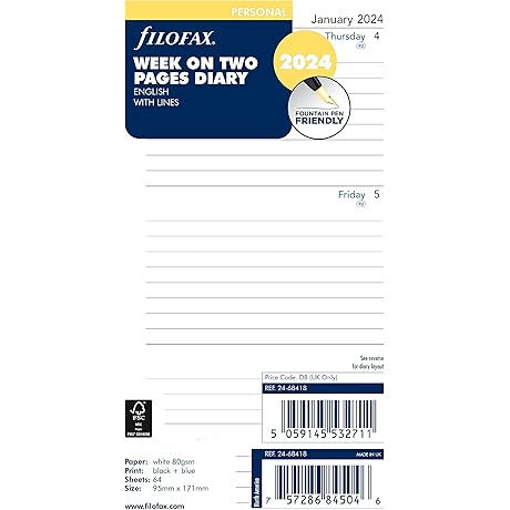 Filofax Personal Refills 2024: Week on Two Pages for Enhanced Organization