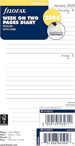 Filofax Recambio de diario de calendario, tamaño personalcompacto, semana a vista, papel blanco, a rayas, inglés, 2024 (C68418-24)