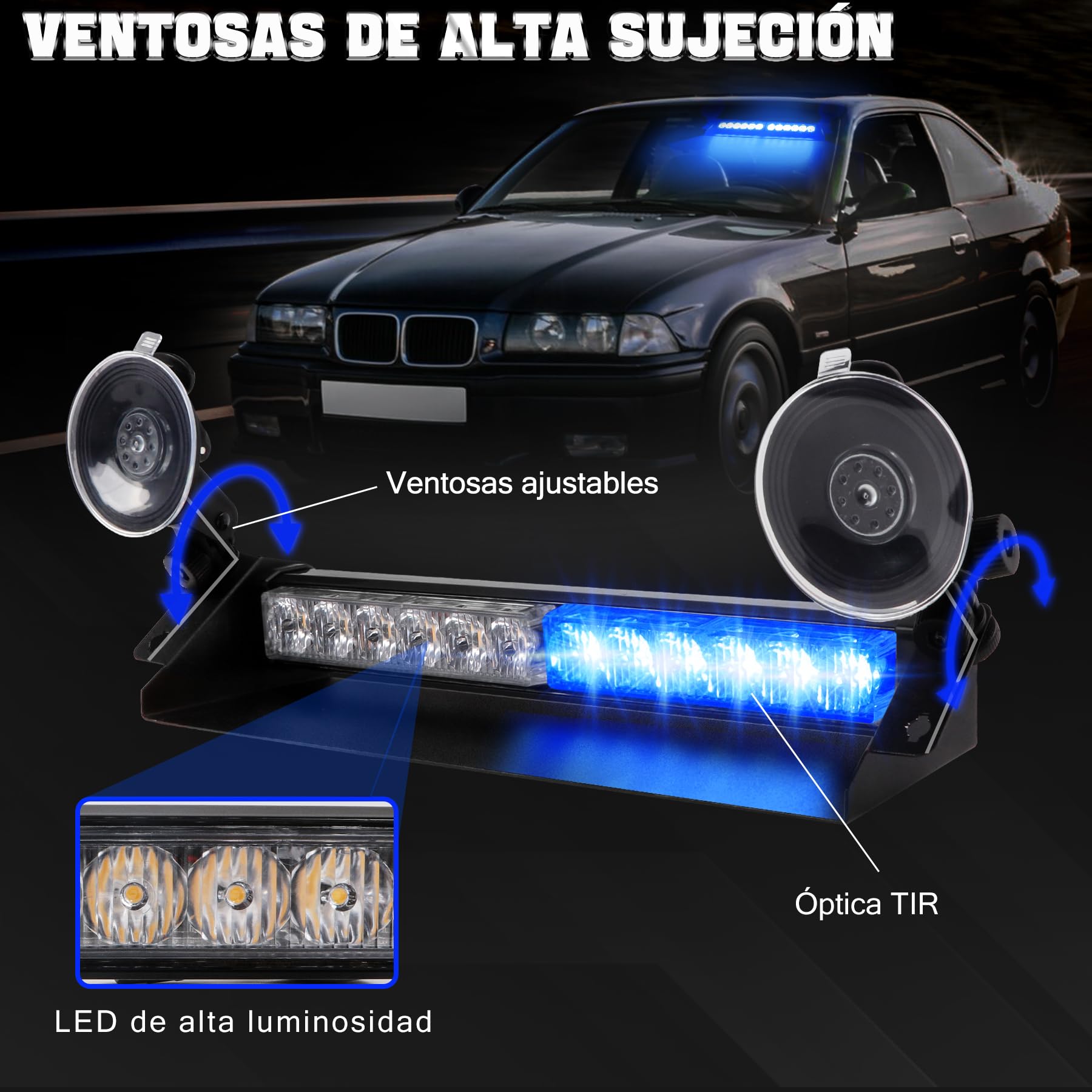 Barra LED Estroboscópica 15 Pulgadas Azul, 12 LED, 12-24V, 9 Modos, Base con Ventosa, Luz de Emergencia para Coche, Camión, Furgoneta y Vehículos de Asistencia