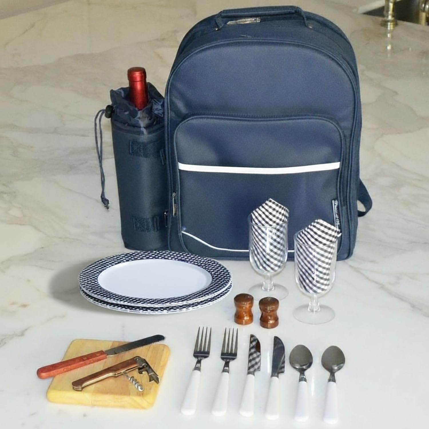 Picnic at Ascot - Deluxe wyposażony plecak piknikowy dla 2 osób z chłodzącym i izolowanym uchwytem na wino - granatowy