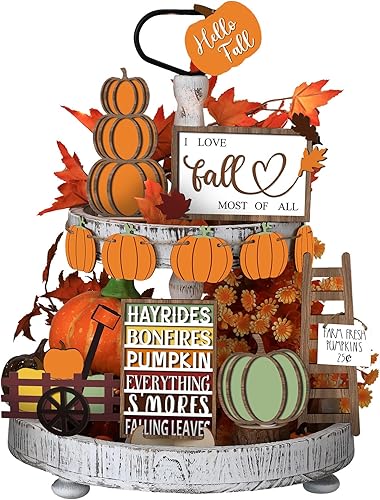 Miniatura 8 de Sumind Juego de 15 piezas de decoración de bandejas escalonadas de fútbol de otoño, decoración de otoño, letreros de madera de Acción de Gracias,