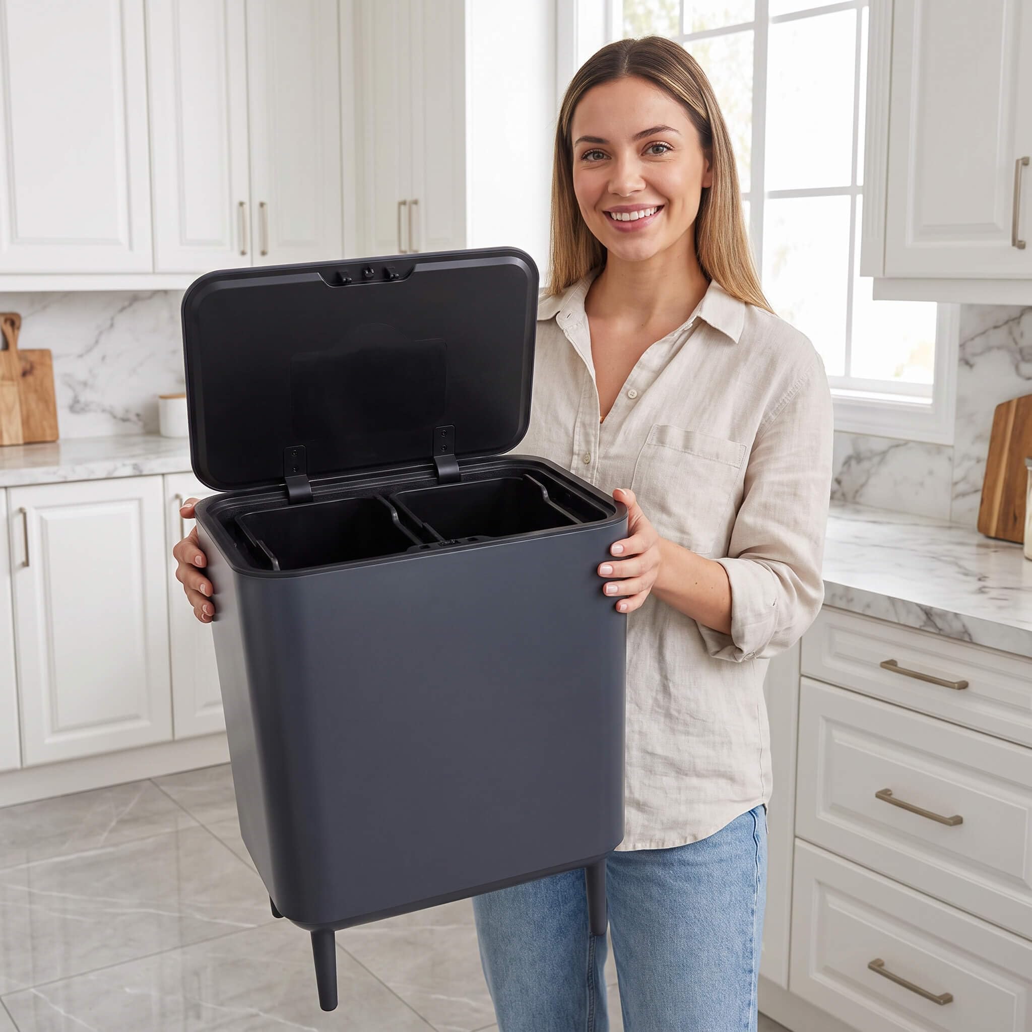 Vip Ahmet Nova Mülleimer Küche 2 Fächer. Touch-Abfalleimer mit Deckel. Küchenabfalleimer für Abfall & Recycling. Doppel Mülleimer (Matt Grau. 26L)