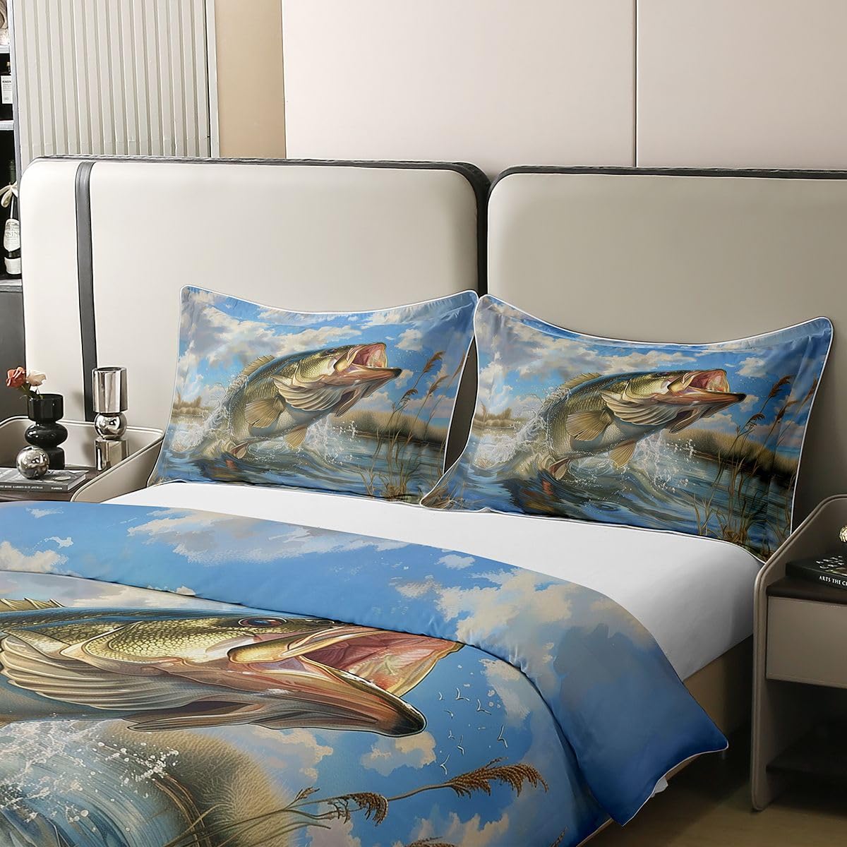 Homewish Bass Fish Kids King Zestawy Pościeli Wędkarstwo I Polowanie Bawełniana Poszewka Na Kołdrę Życie Morskie Poszewka Na Kołdrę Przybrzeżne Zwierzęta Zestaw Łóżek Dla Chłopców Nastolatków