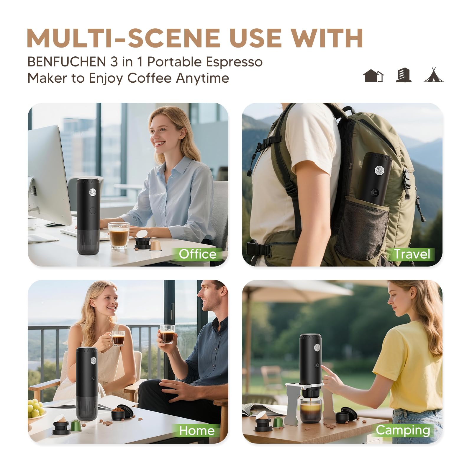 Machine à expresso portable 3 en 1 à 19 bars avec chauffage automatique, compatible avec les capsules NS et DG ainsi que le café moulu pour le camping, la randonnée, les voyages et la maison (noir)