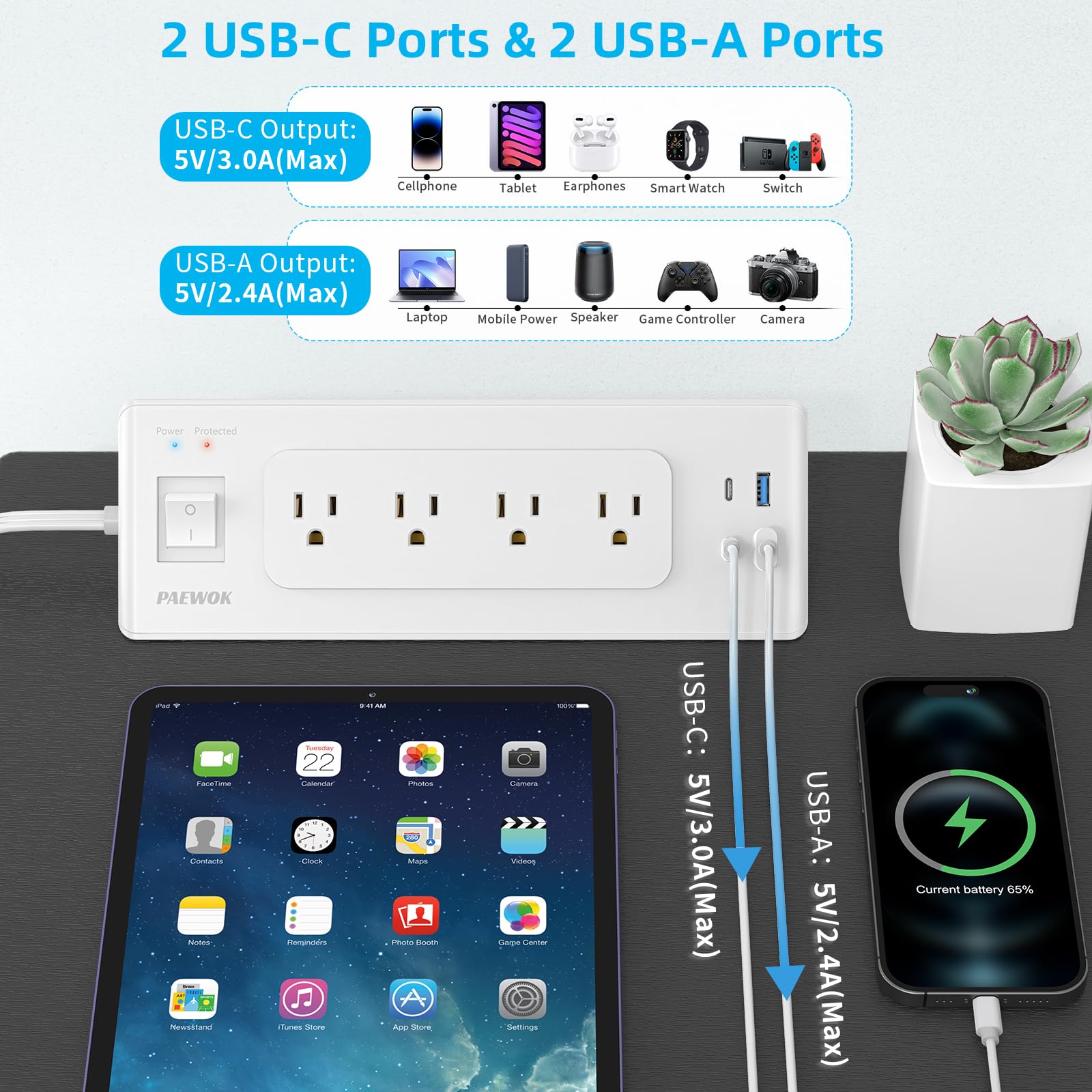 Steckdosenleiste mit USB-Anschlüssen, Steckdosenverlängerung