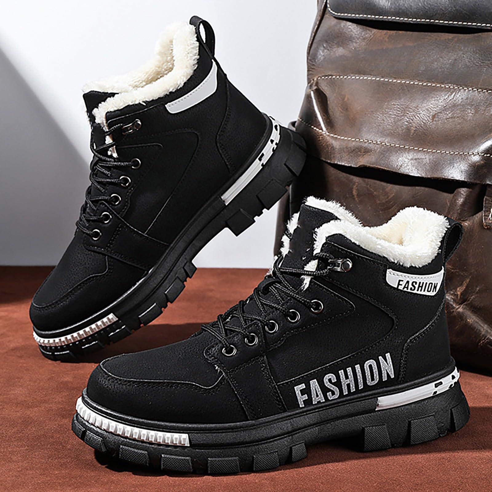 Schneestiefel Herren Wasserdicht Leder - Winterstiefel Herren Gefüttert Mit Dicken Wanderschuhe Schneeschuhe Mit Schnürung Kampfstiefel Mit Wollfutter Warme Stiefeletten Outdoor-Wanderstiefel