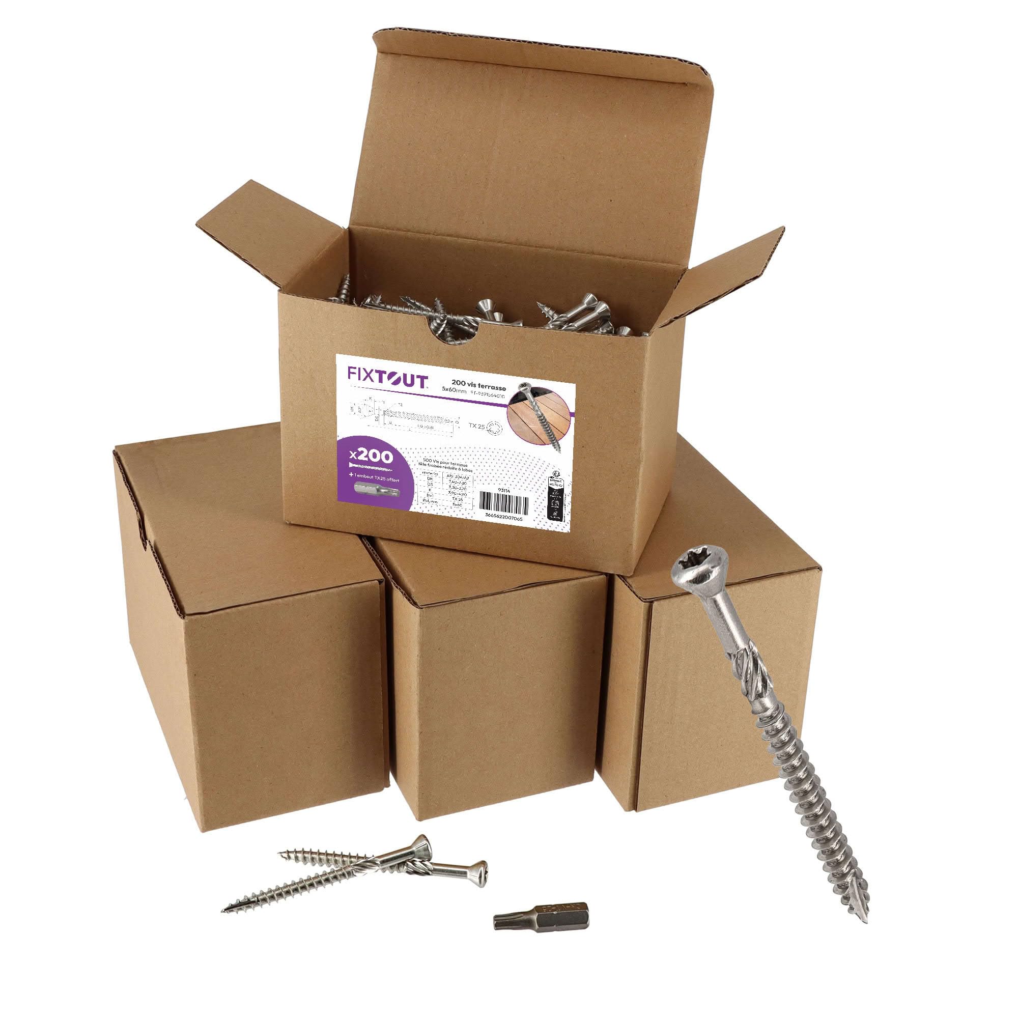 Lot de 800 vis terrasse en INOX A2 à tête fraisée réduite - Empreinte Torx 25-4 embouts Torx 25 OFFERTS - Diamètre 5 mm - Longueur 50 mm - Diamètre 5 mm