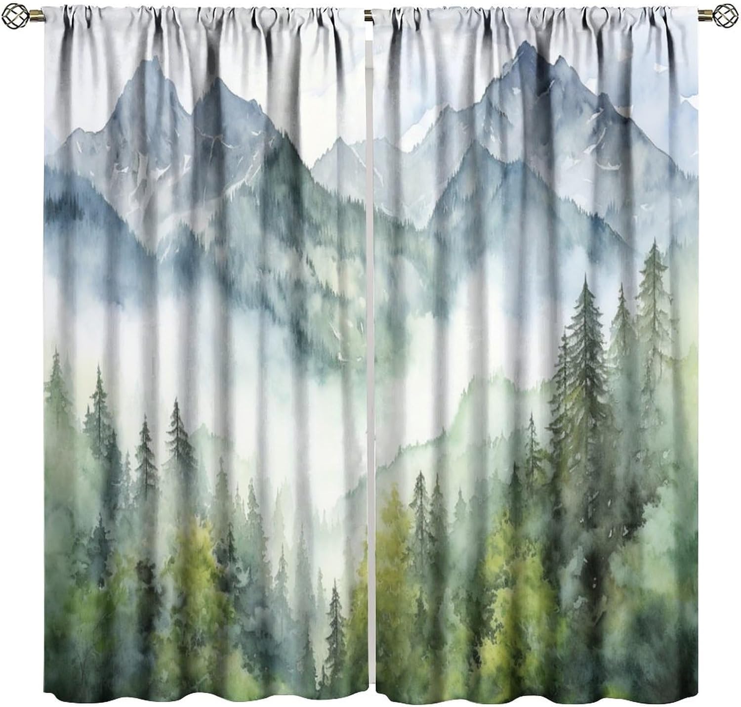 Forest Blackout Curtain for Dining Room, Watercolor Style Nature Woodland Green Forest Mountain Plant Rod Pocket Window Treatments 2 Panels Drapes for Nursery Bedroom Living Room Decor 42"W X 63"L