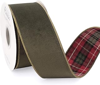 Ribbli Moss Green Velvet Wired Ribbon with Plaid Reversible 2.5 Inch Chr...