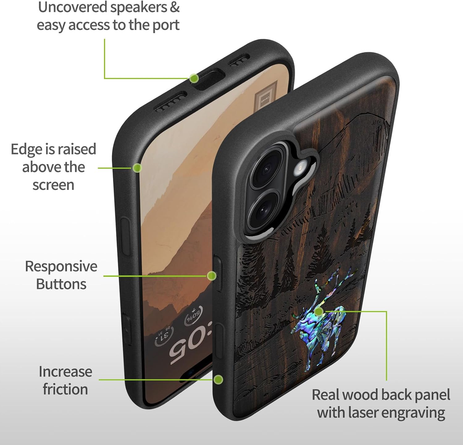 Carveit Magnetic Wooden Case for iPhone 16 Case, Wood Artisan Engraved & Handmade Shell Inlaid, TPU Shockproof Cover, Compatible with MagSafe Wireless Chargers (Forest Deer) Blackwood