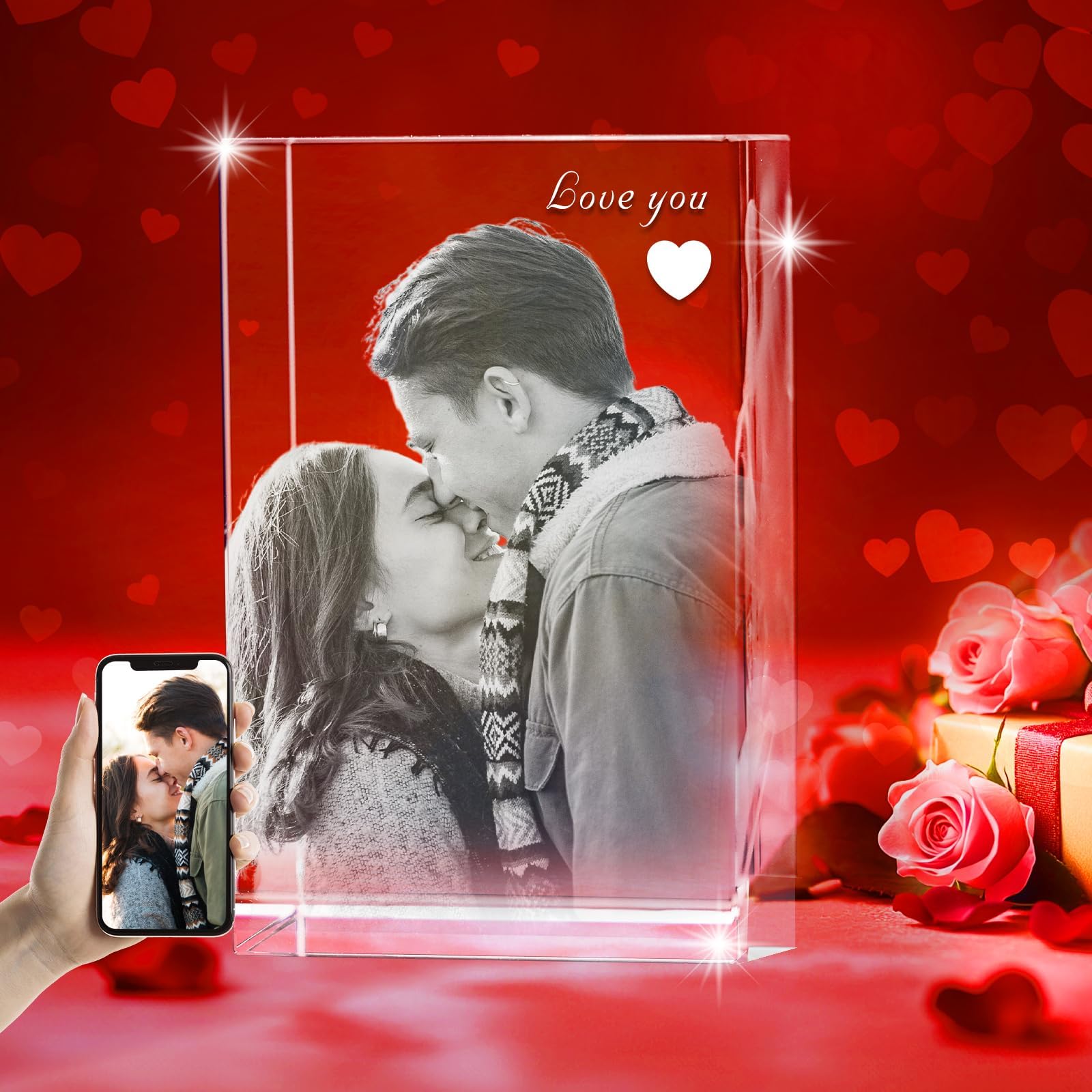 Personalized 3D Crystal Photo - Optional Multicolor Light Base| Gift Box| Customized Laser Etched Picture for Moms, Dads, Birthdays, Mother's day & Celebrations - Rectangular (Small)