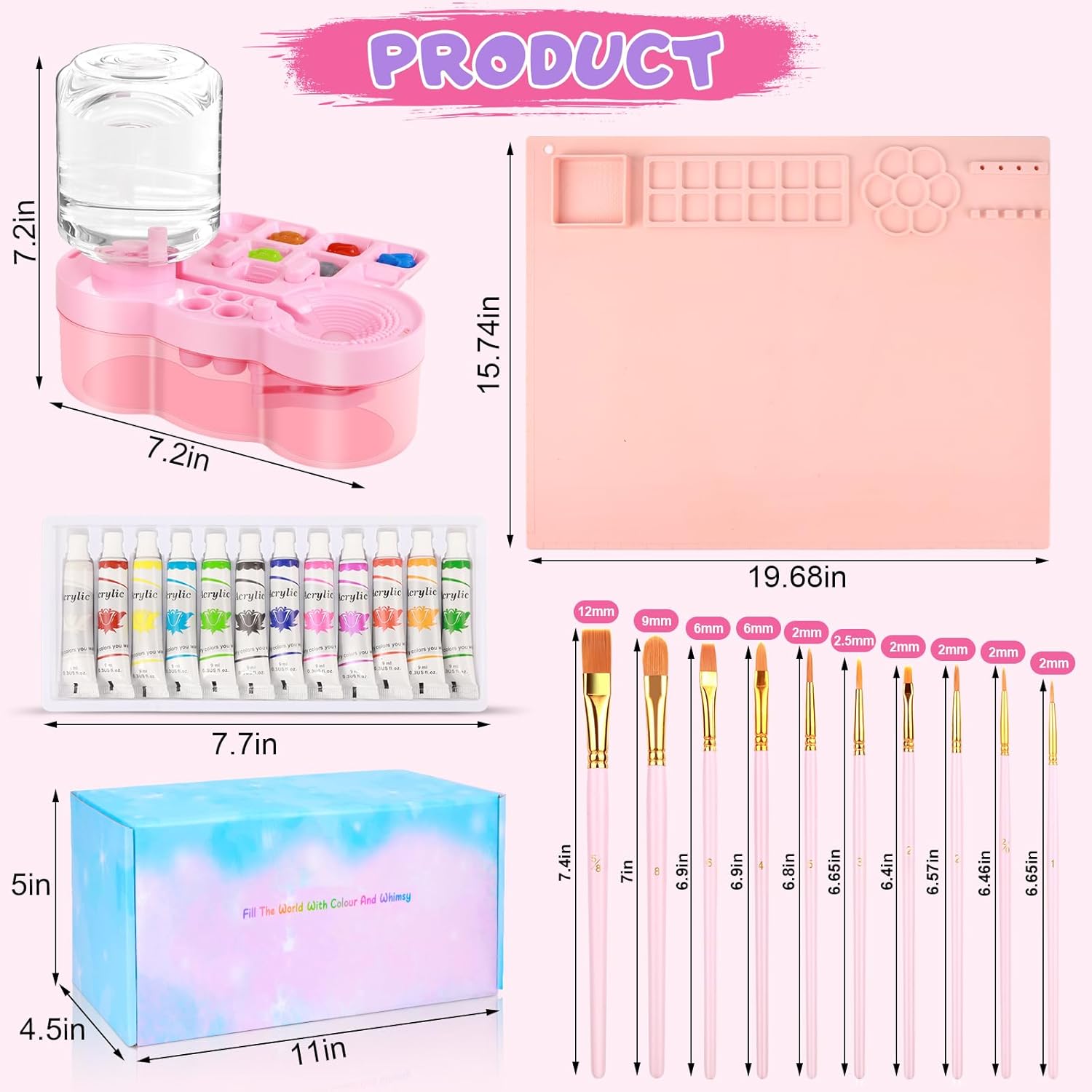 Art Painting Kits, Paint Station, Including Upgraded Paint Brush Cleaner, 20"X16" Silicone Painting Mat, 12 Colors Acrylic Paint Set and 10 Paint Brushes, Painting Supplies Kits(Pink) - Image 2