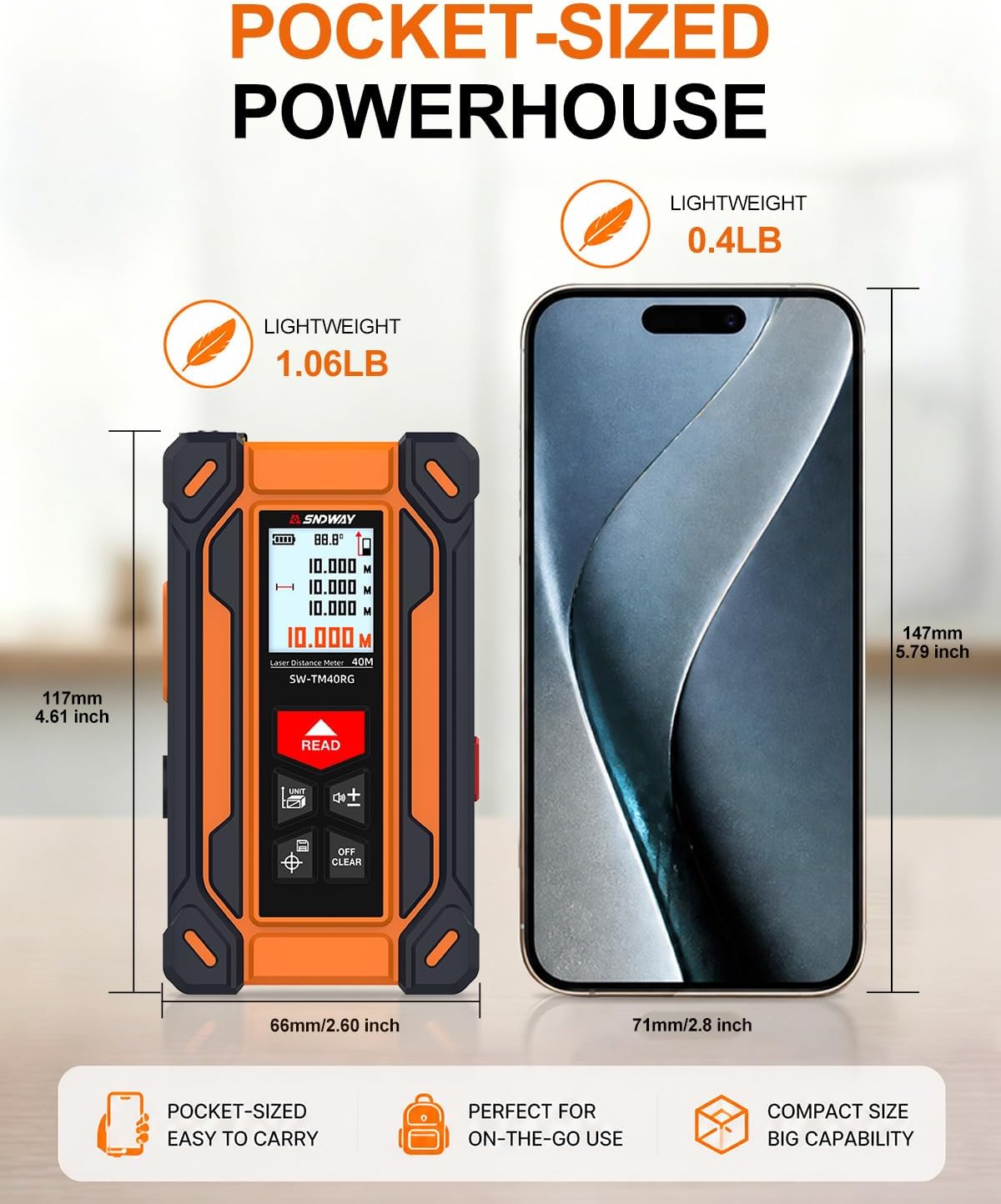 SNDWAY 4-in-1 Digital Laser Measuring Tool 135Ft with in Laser Level, ±2mm | TM40RG, IP54 Dust-Resistant,4 Units Selectable, Distance/Area/Volume for Construction & Indoor Remodeling